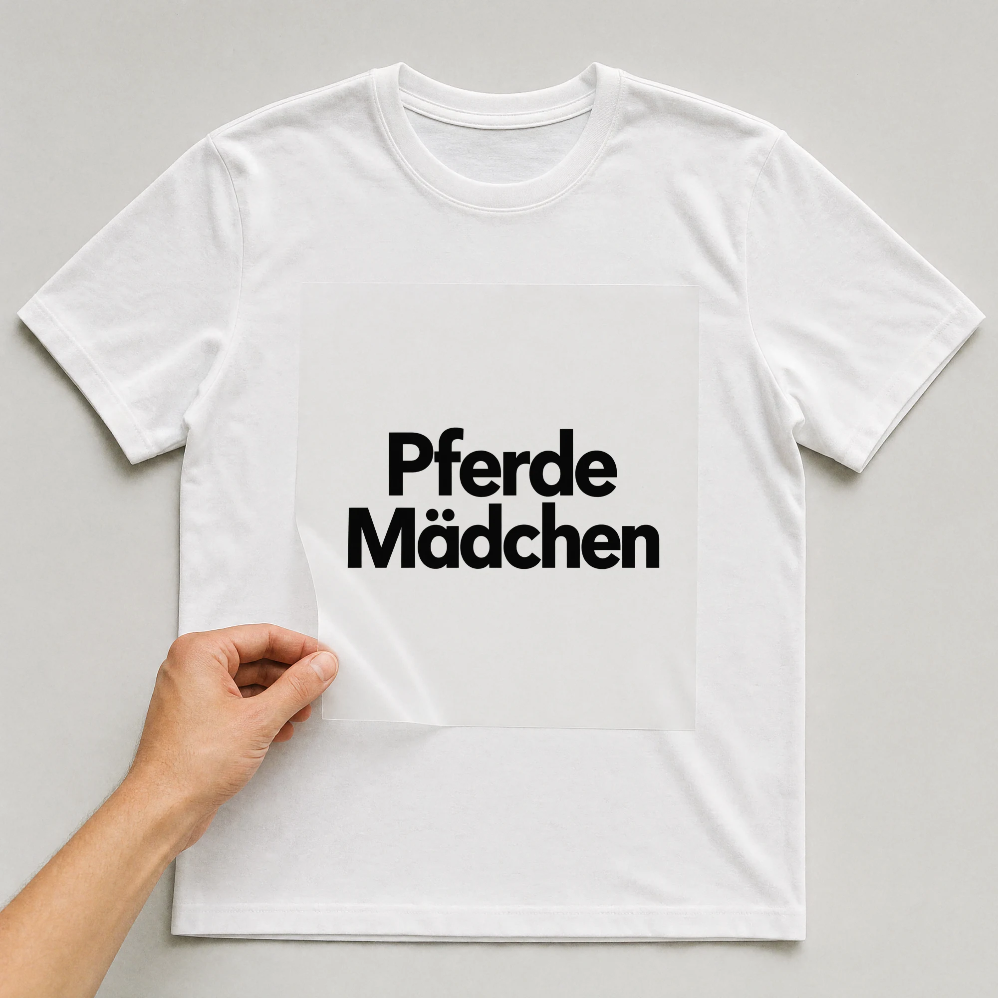 Bügelbild „Pferde Mädchen“ auf weißem T-Shirt, Folie wird aufgelegt