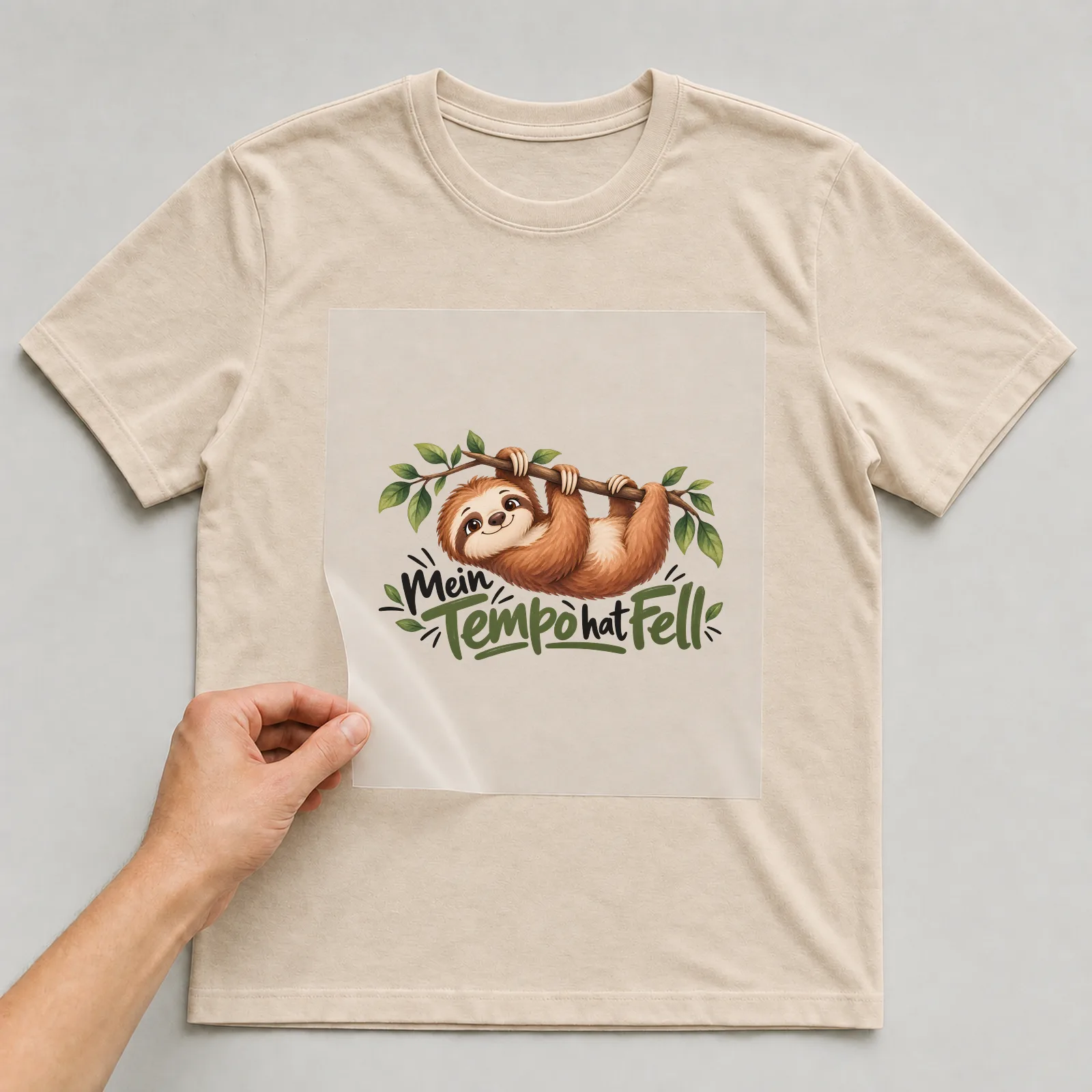 Bügelbild „Mein Tempo hat Fell“ auf beigem T-Shirt, Folie wird aufgelegt