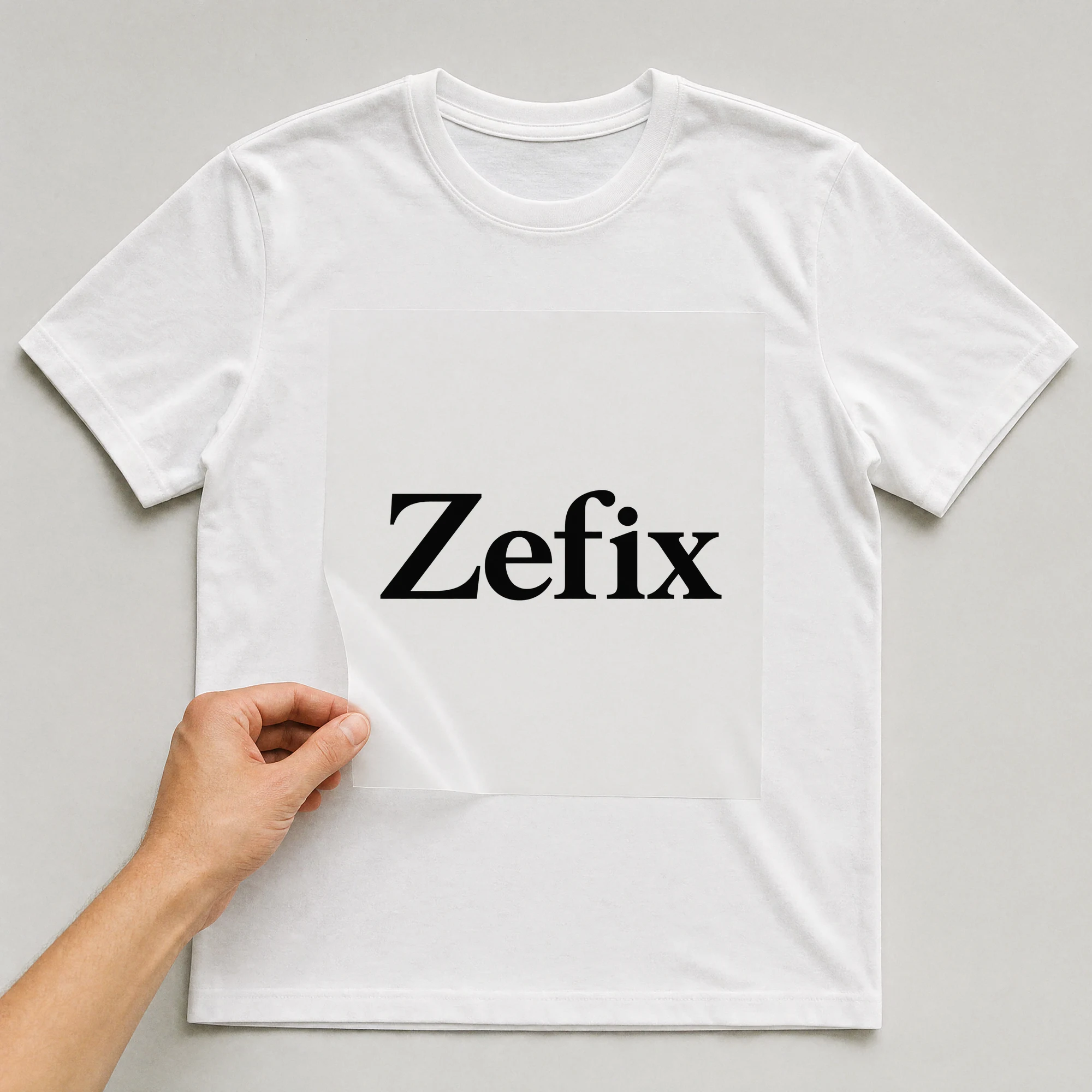 Bügelbild „Zefix“ auf weißem T-Shirt, Folie wird aufgelegt