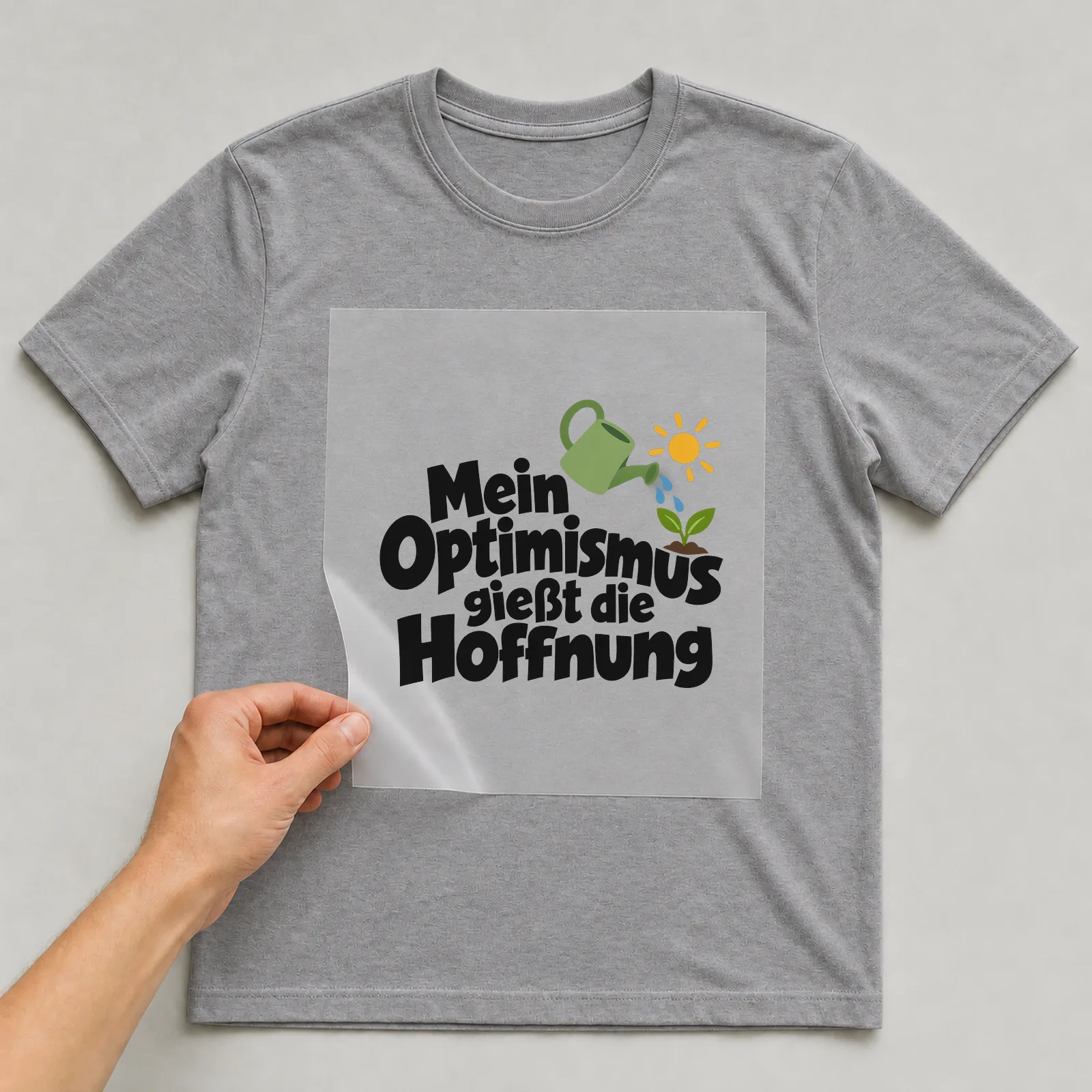 Bügelbild „Mein Optimismus gießt die Hoffnung“ auf grauem T-Shirt, Folie wird aufgelegt