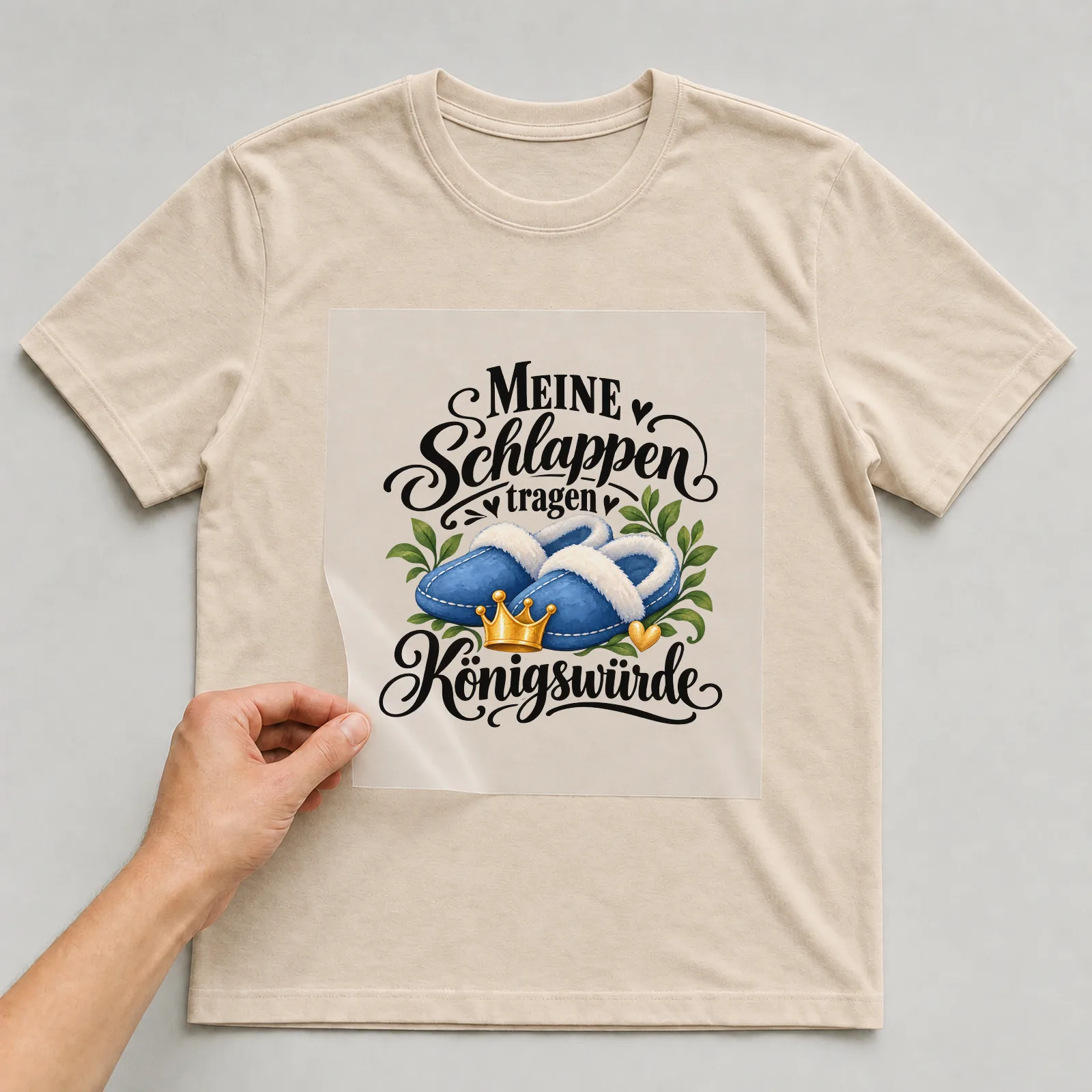 Bügelbild „Meine Schlappen tragen Königswürde“ auf beigem T-Shirt, Folie wird aufgelegt