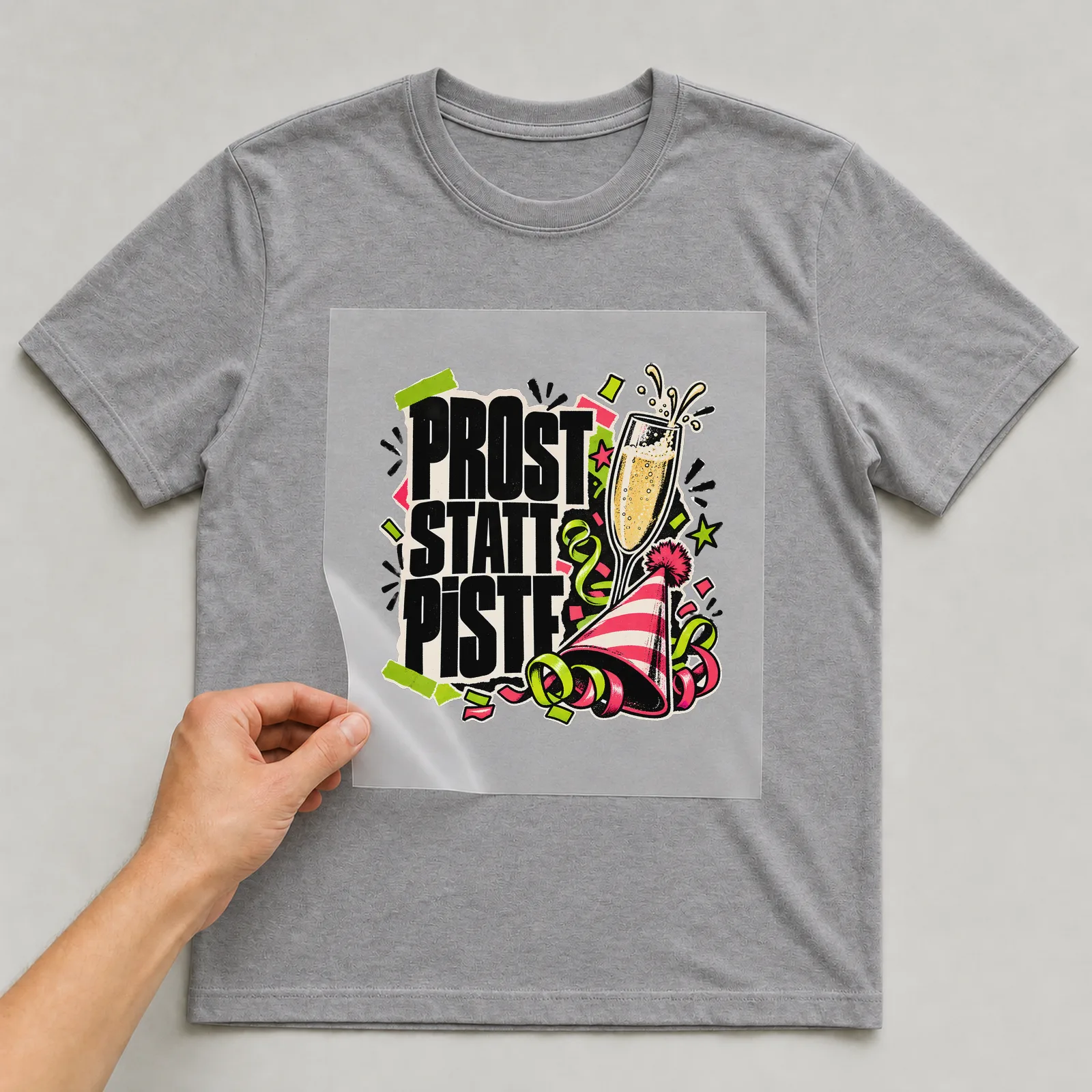 Bügelbild „Prost statt Piste“ auf grauem T-Shirt, Folie wird aufgelegt