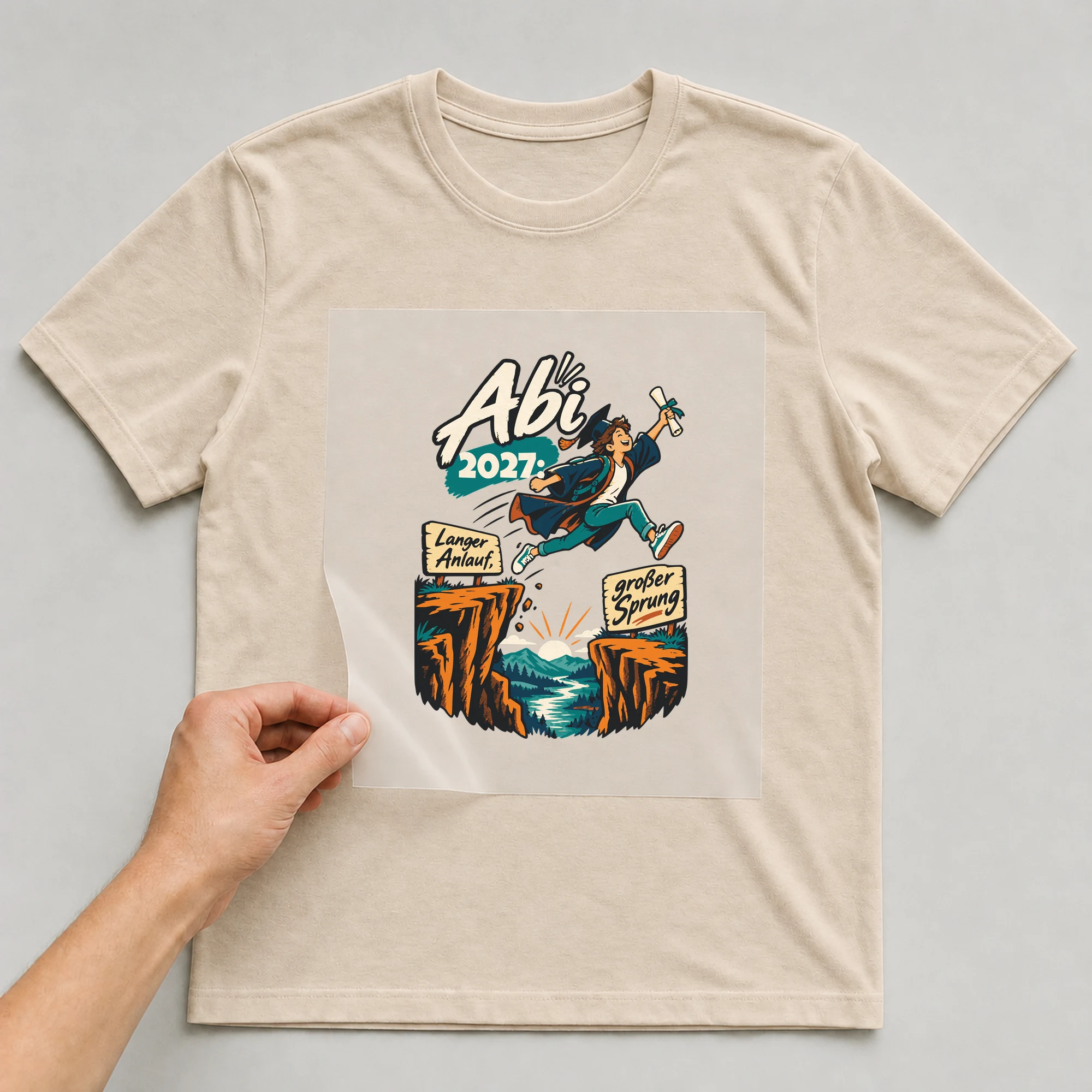 Bügelbild Abi: Langer Anlauf, großer Sprung mit Jahr auf beigem T-Shirt, Folie wird aufgelegt