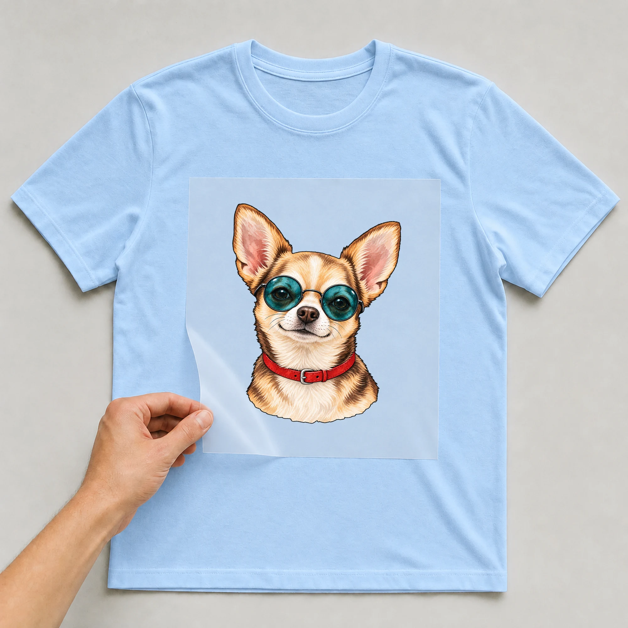 Bügelbild „Chihuahua Hippie Look“ auf babyblauem T-Shirt, Folie wird aufgelegt