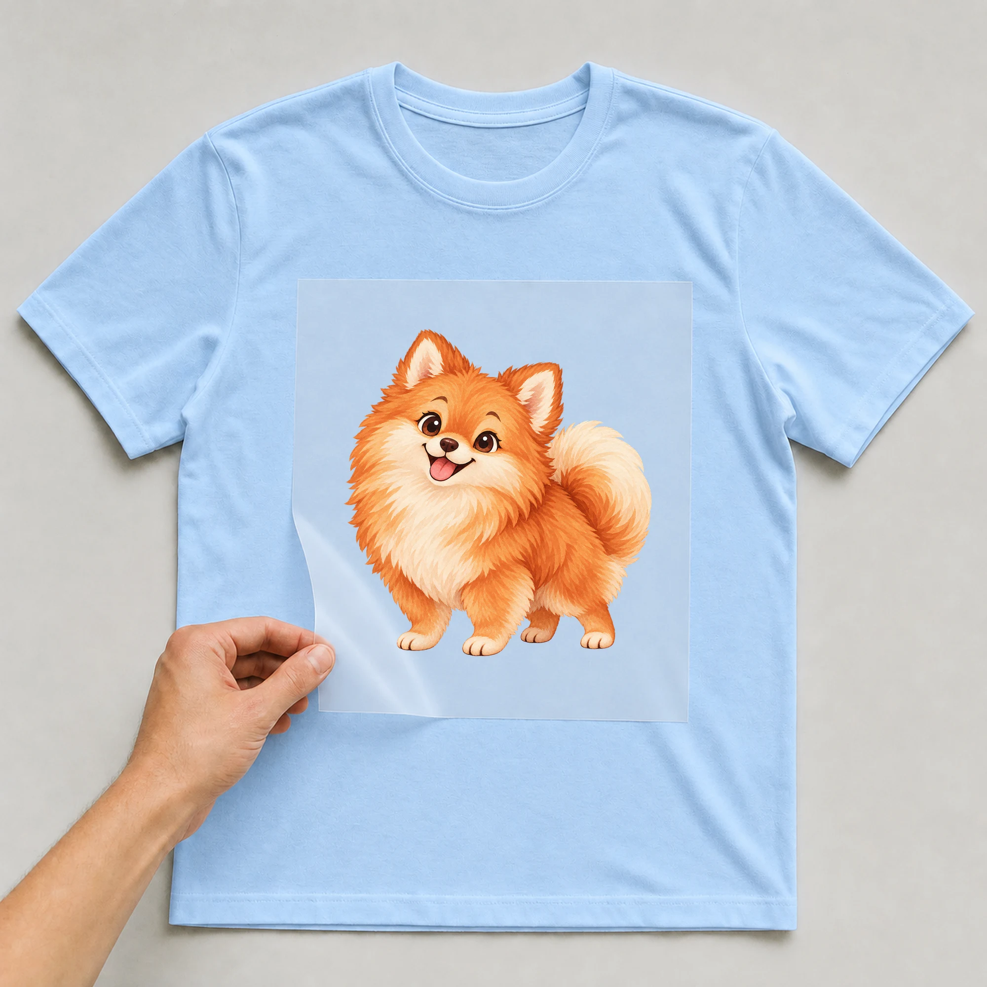 Bügelbild „Zwergspitz“ auf babyblauem T-Shirt, Folie wird aufgelegt
