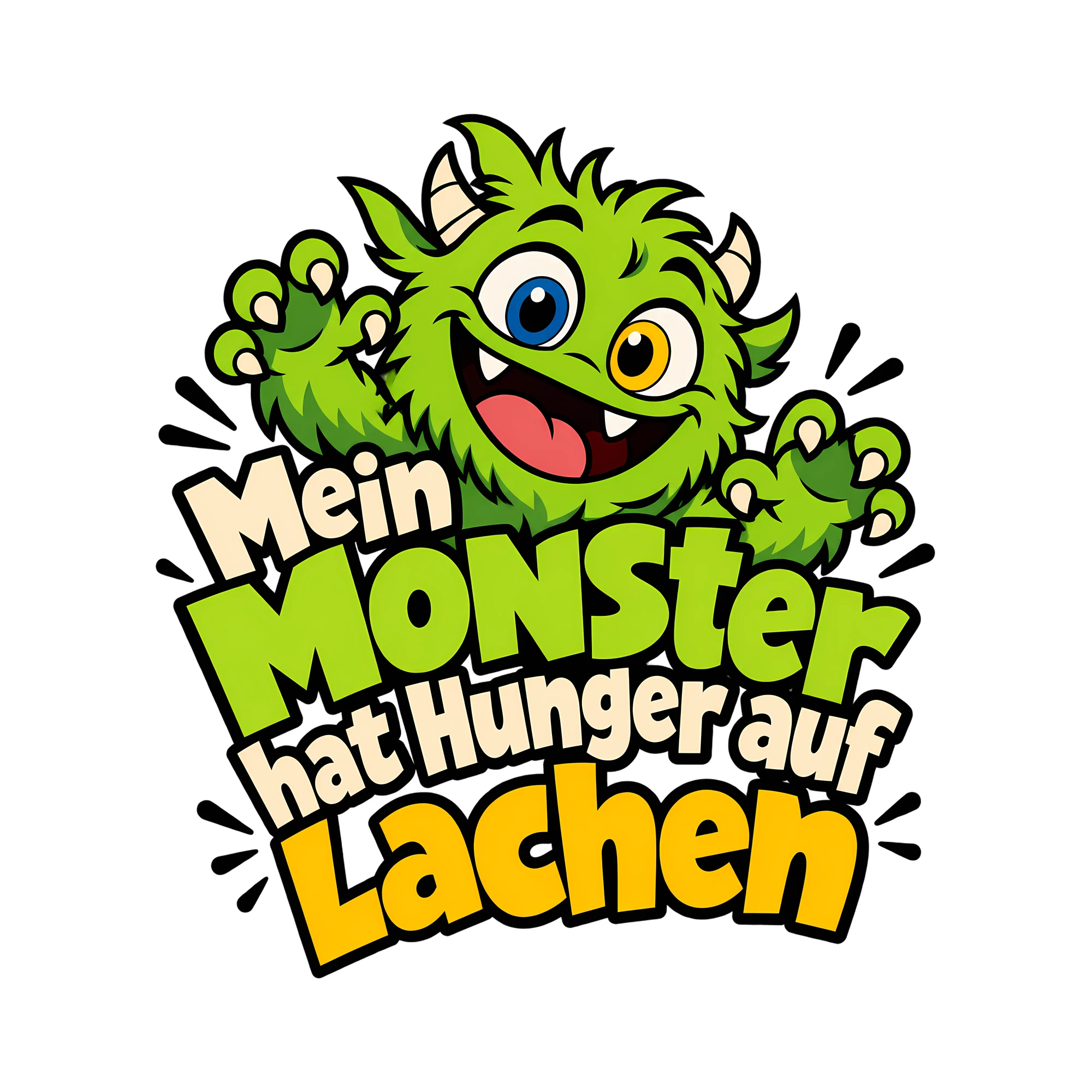 Bügelbild Mein Monster hat Hunger auf Lachen als Grafik auf weißem Hintergrund (BB012188)