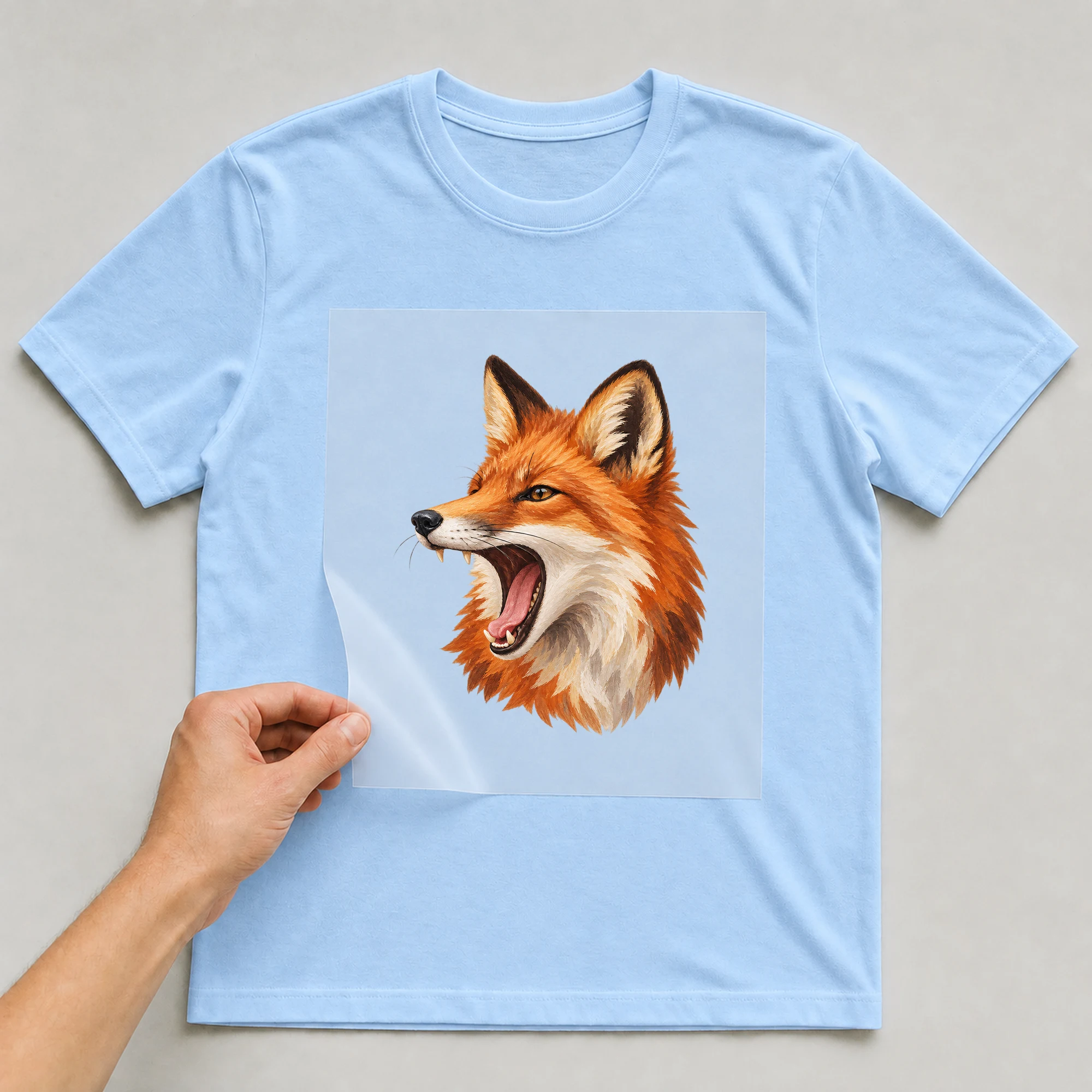 Bügelbild „Brüllender Fuchs“ auf babyblauem T-Shirt, Folie wird aufgelegt