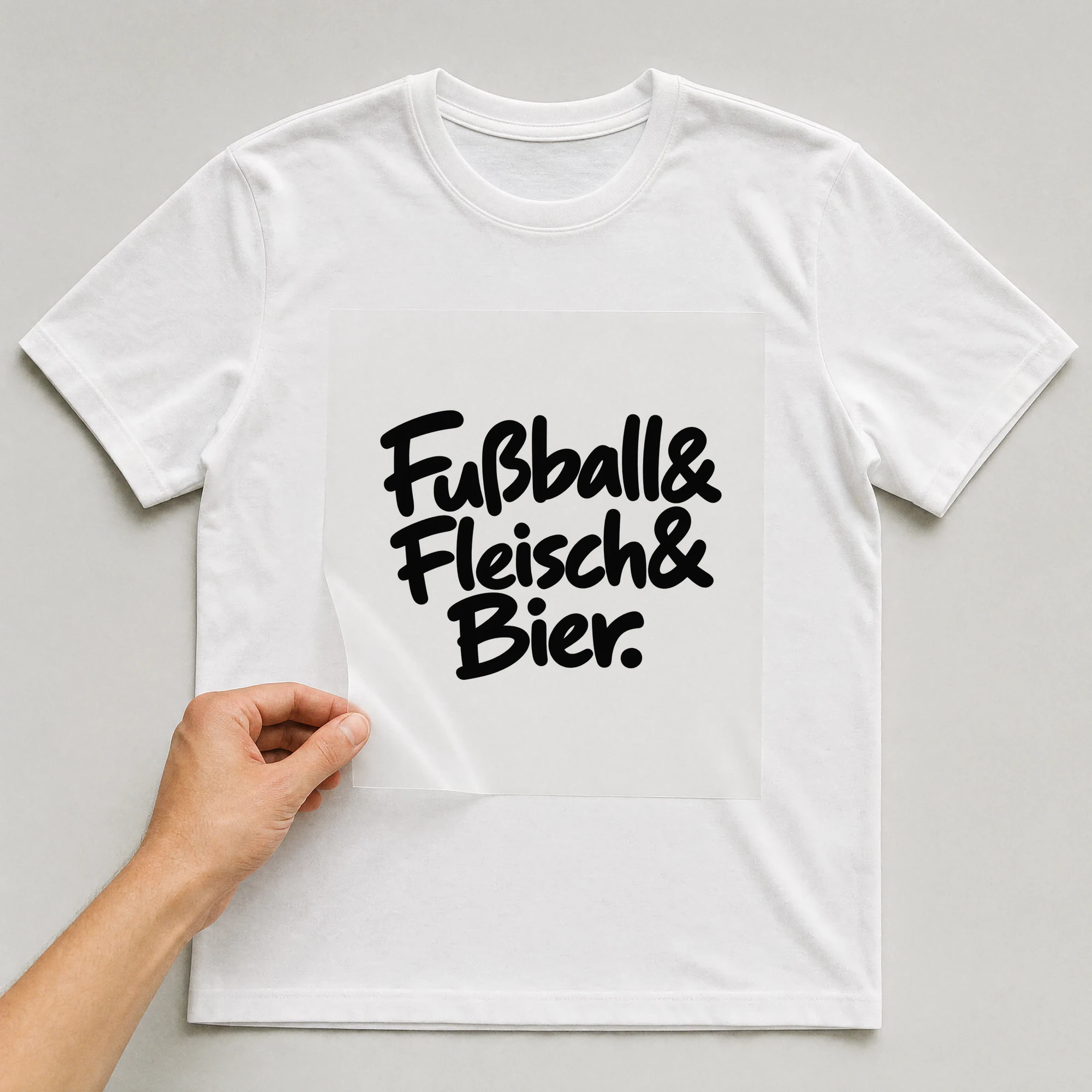 Bügelbild „Fußball& Fleisch& Bier.“ auf weißem T-Shirt, Folie wird aufgelegt