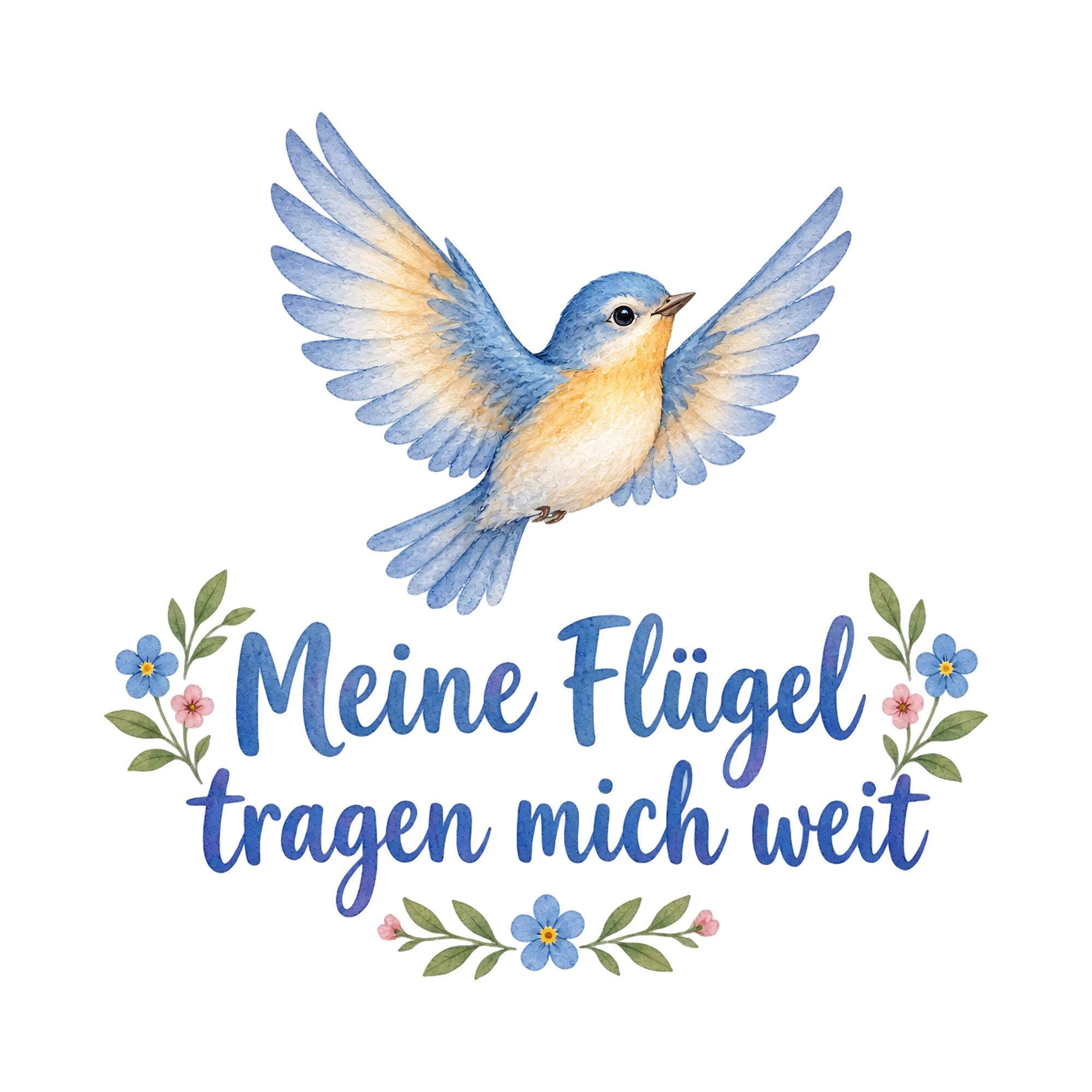 Bügelbild Meine Flügel tragen mich weit als Grafik auf weißem Hintergrund (BB019784)