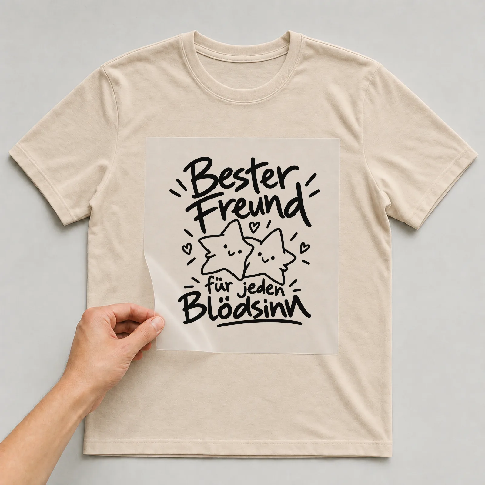 Bügelbild „Bester Freund für jeden Blödsinn“ auf beigem T-Shirt, Folie wird aufgelegt