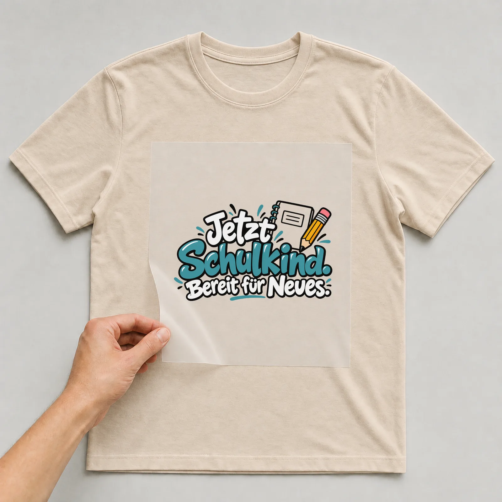Bügelbild „Jetzt Schulkind. Bereit für Neues.“ auf beigem T-Shirt, Folie wird aufgelegt