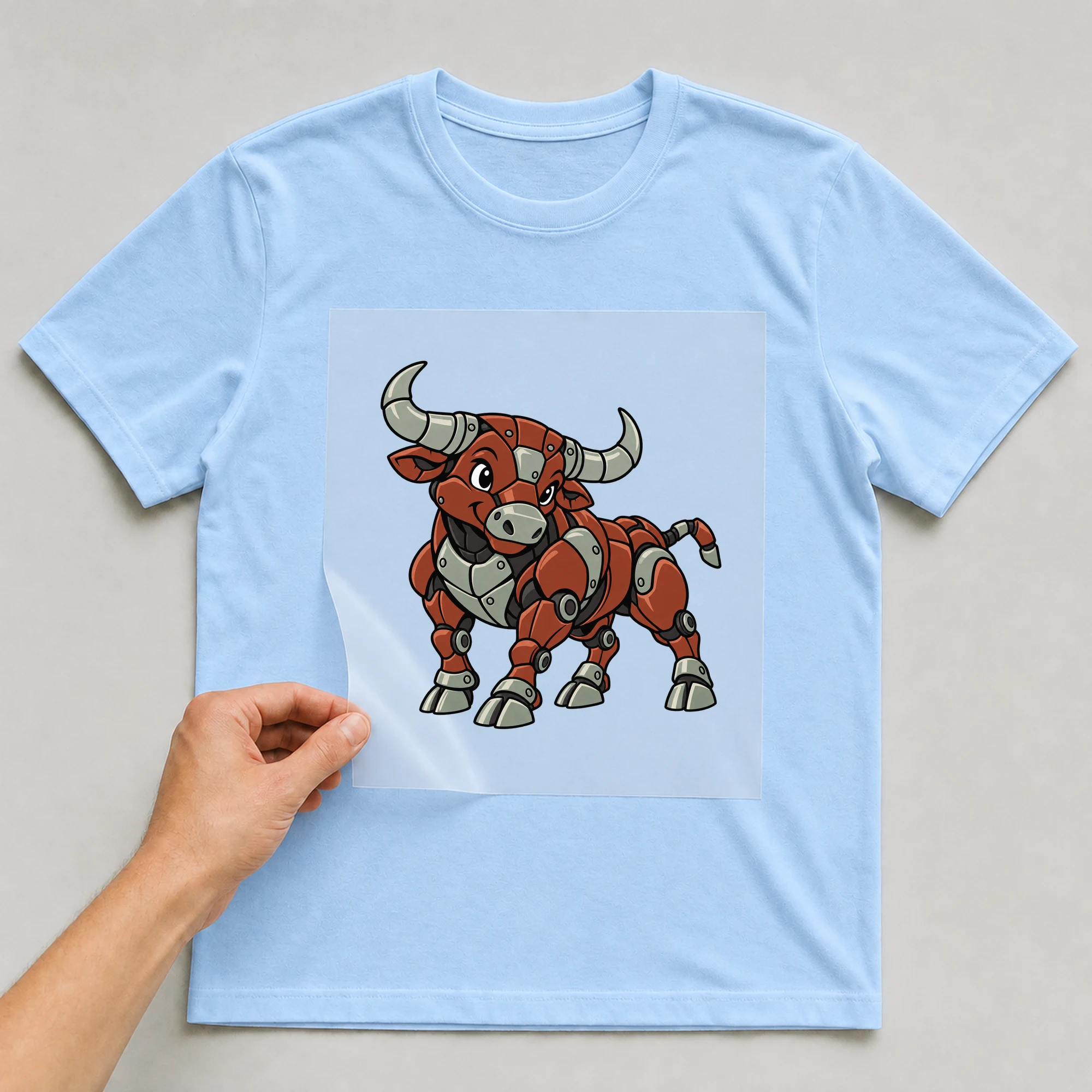 Bügelbild „Mecha Roboter Sternzeichen Stier“ auf babyblauem T-Shirt, Folie wird aufgelegt