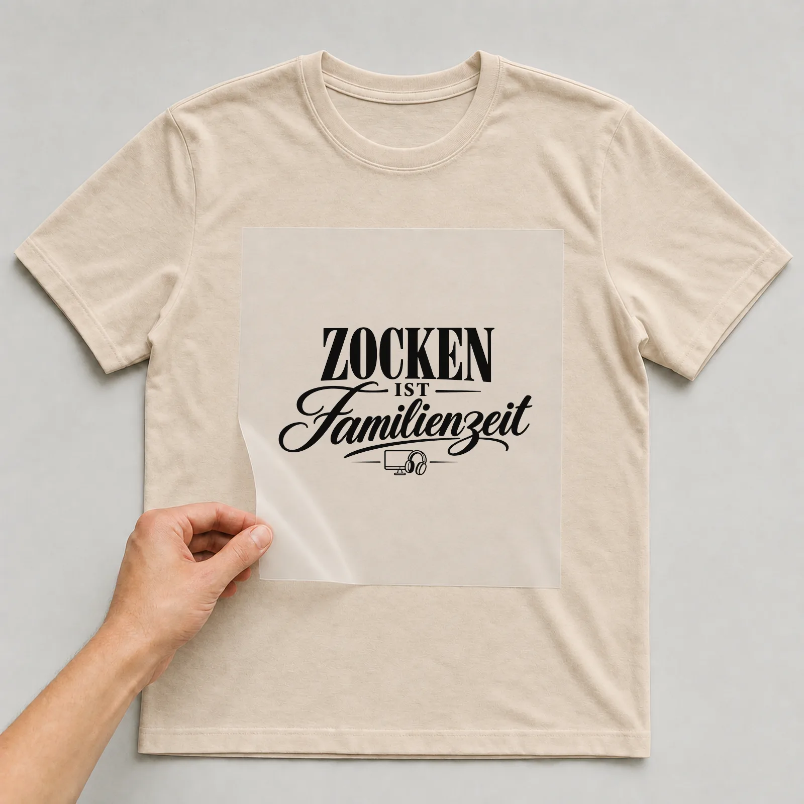 Bügelbild „Zocken ist Familienzeit“ (Club-Schriftzug) auf beigem T-Shirt, Folie wird aufgelegt