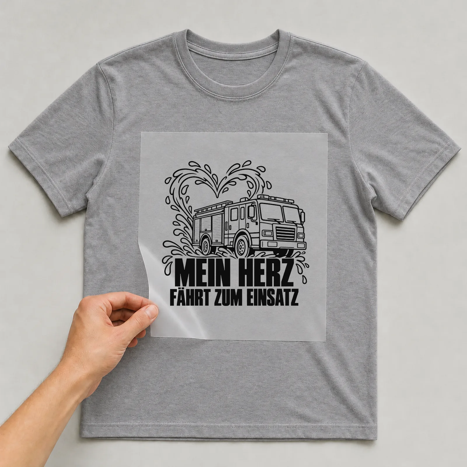 Bügelbild „Mein Herz fährt zum Einsatz“ auf grauem T-Shirt, Folie wird aufgelegt