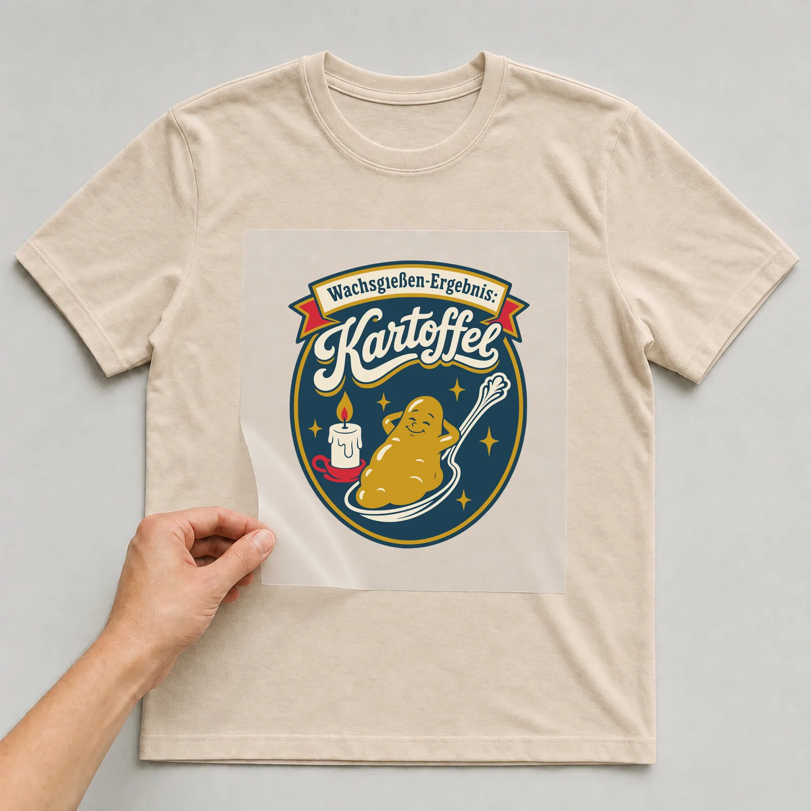 Bügelbild Wachsgießen-Ergebnis: Kartoffel auf beigem T-Shirt, Folie wird aufgelegt