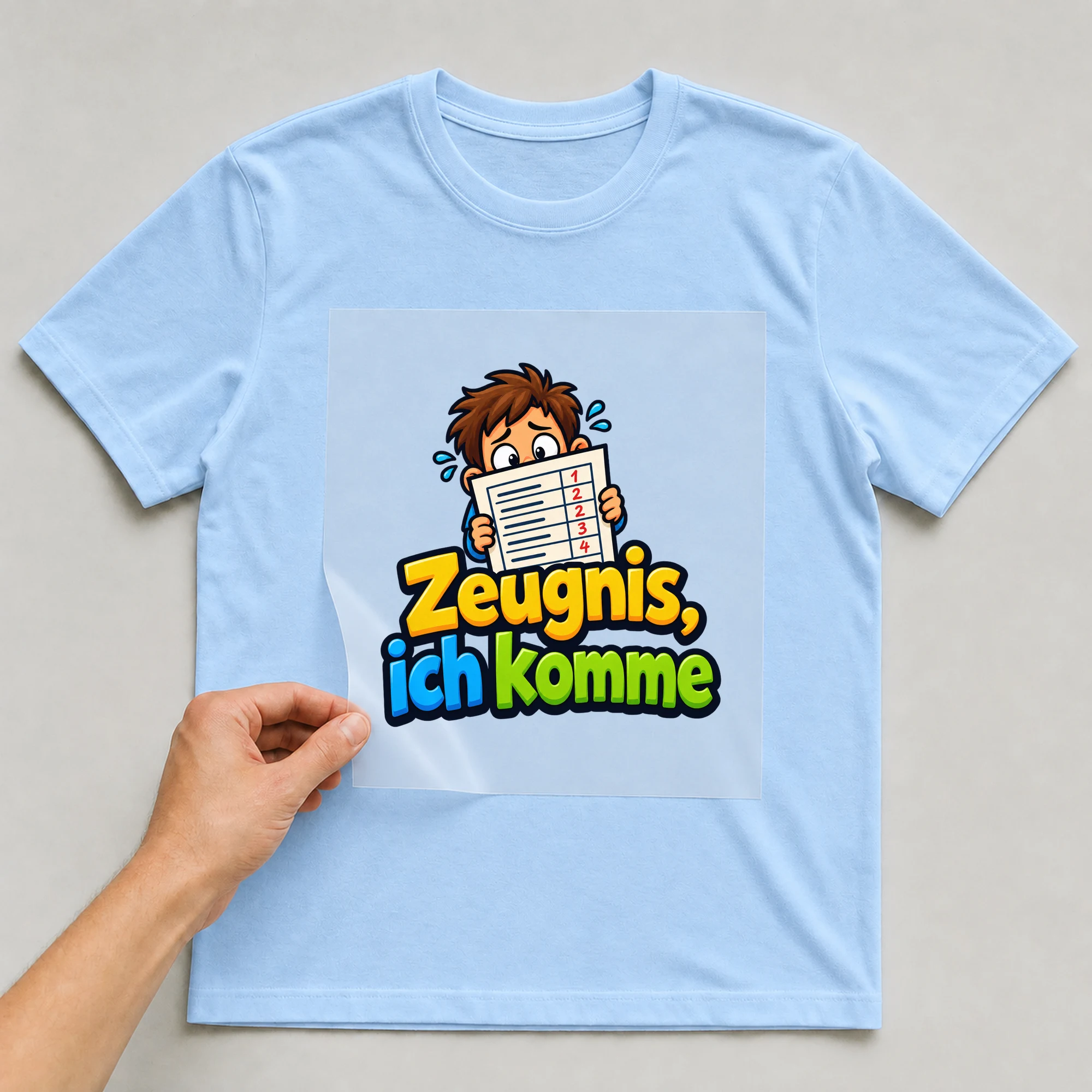 Bügelbild „Zeugnis, ich komme“ auf babyblauem T-Shirt, Folie wird aufgelegt