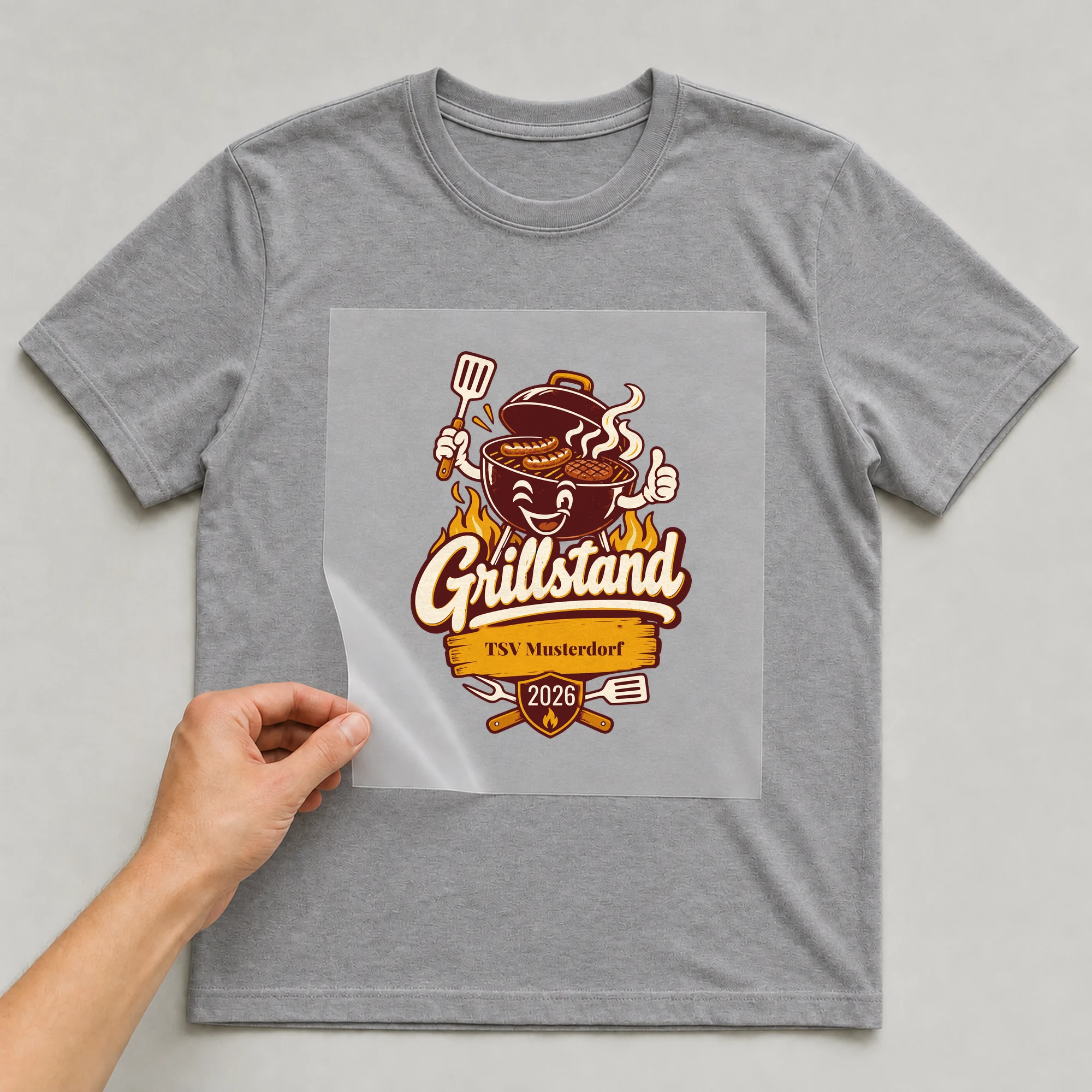 Bügelbild Grillstand mit Verein und Jahr auf grauem T-Shirt, Folie wird aufgelegt