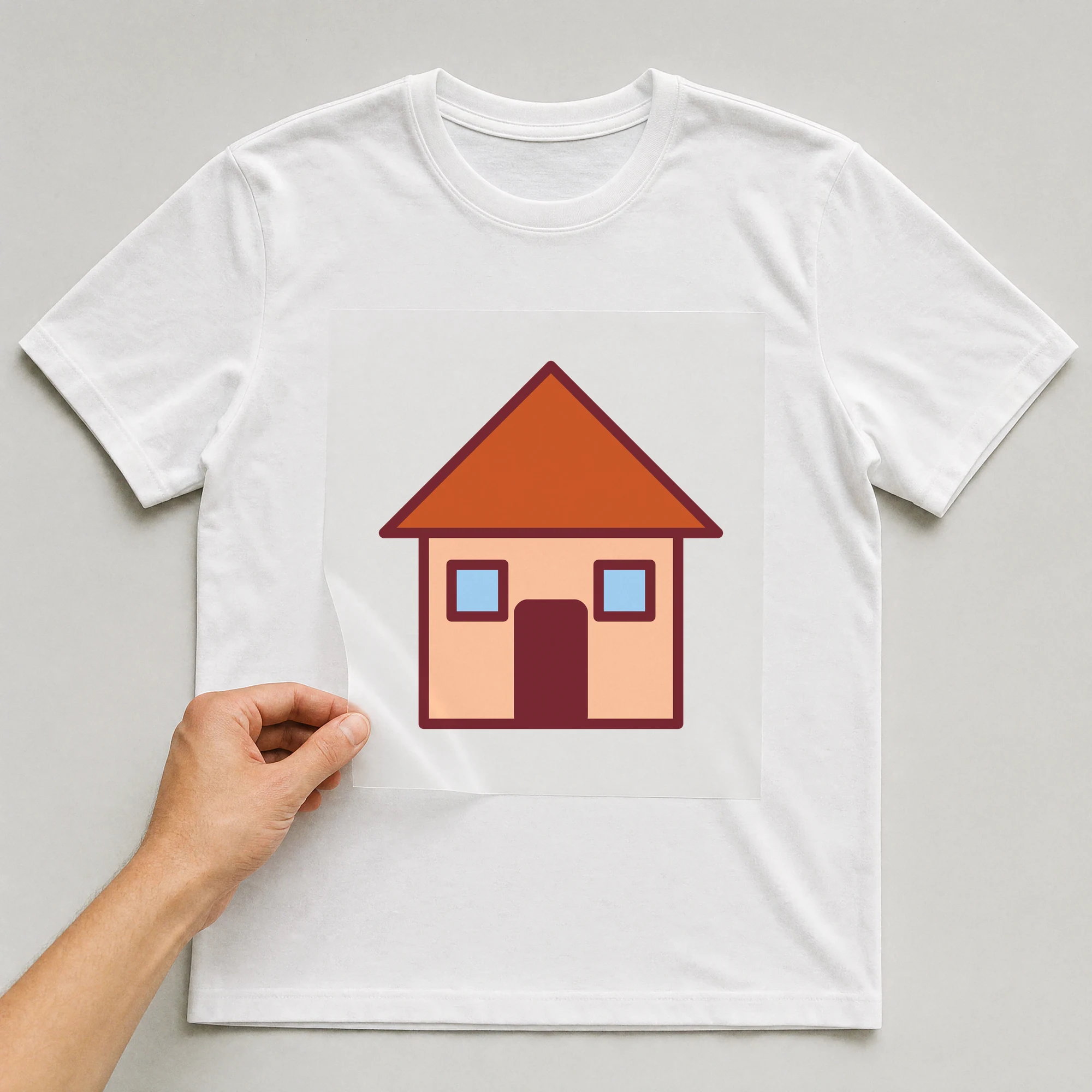 Bügelbild „Haus“ auf weißem T-Shirt, Folie wird aufgelegt