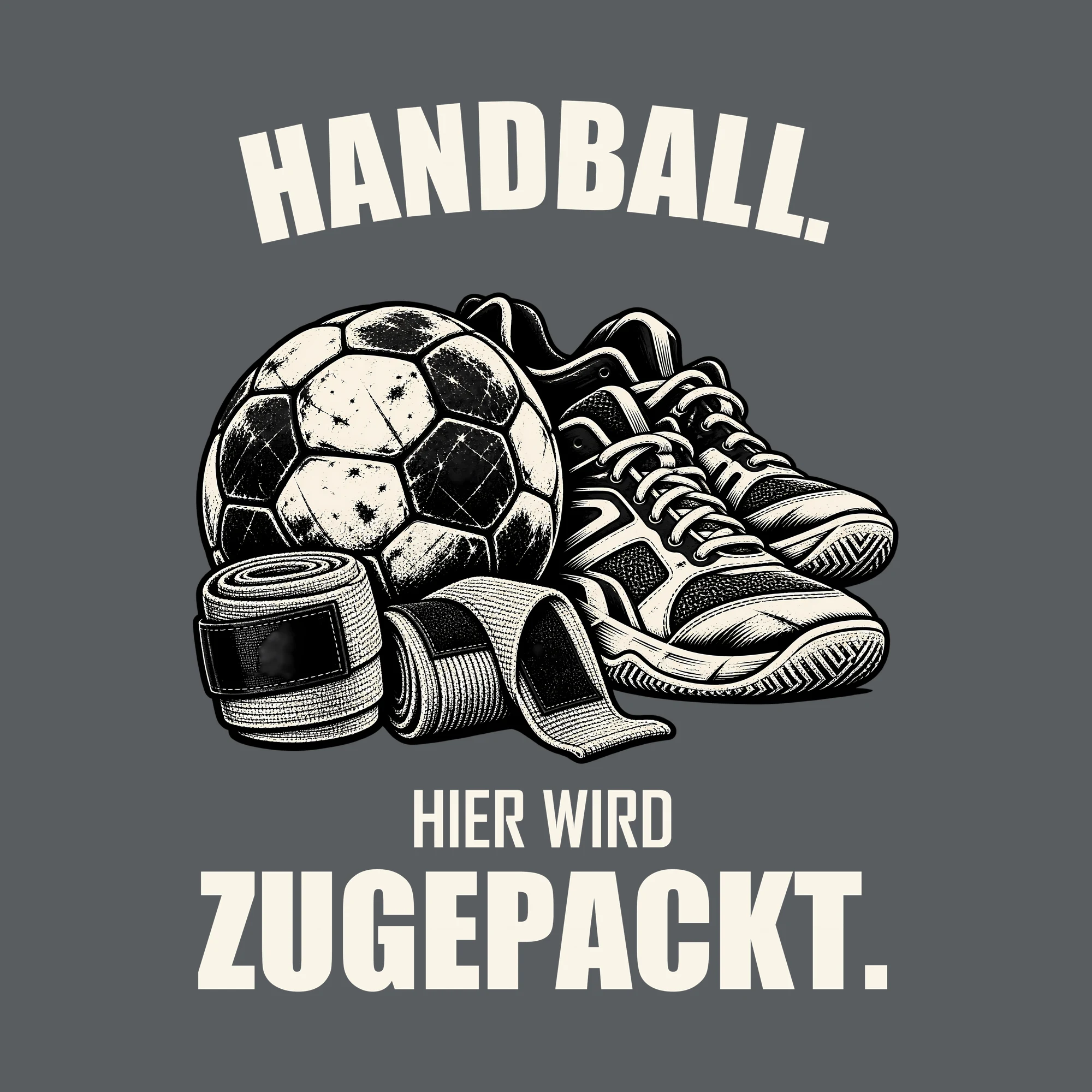 Bügelbild HANDBALL. HIER WIRD ZUGEPACKT. als Grafik auf dunklem Hintergrund (BB013702)