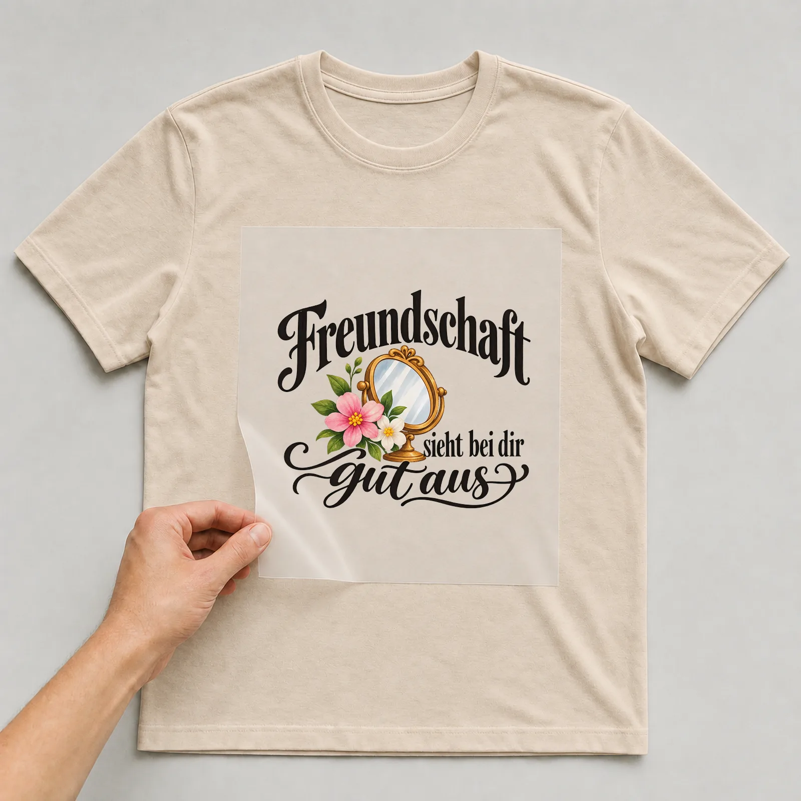 Bügelbild „Freundschaft sieht bei dir gut aus“ auf beigem T-Shirt, Folie wird aufgelegt