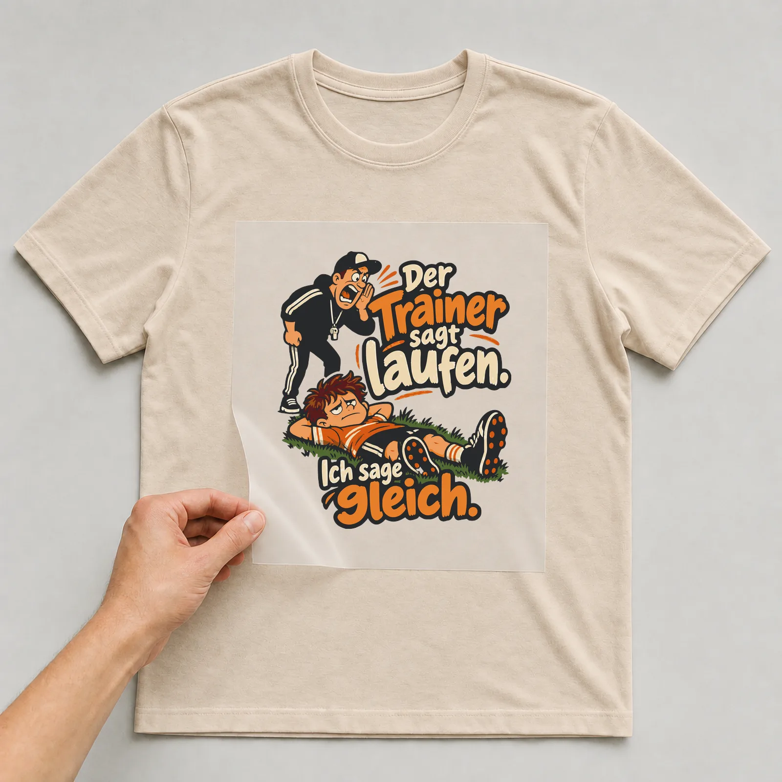 Bügelbild Der Trainer sagt laufen. Ich sage gleich. auf beigem T-Shirt, Folie wird aufgelegt