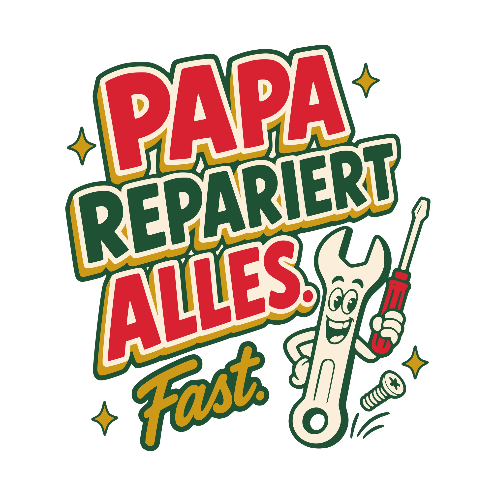 Bügelbild Papa repariert alles. Fast. als Grafik auf weißem Hintergrund (BB010409)