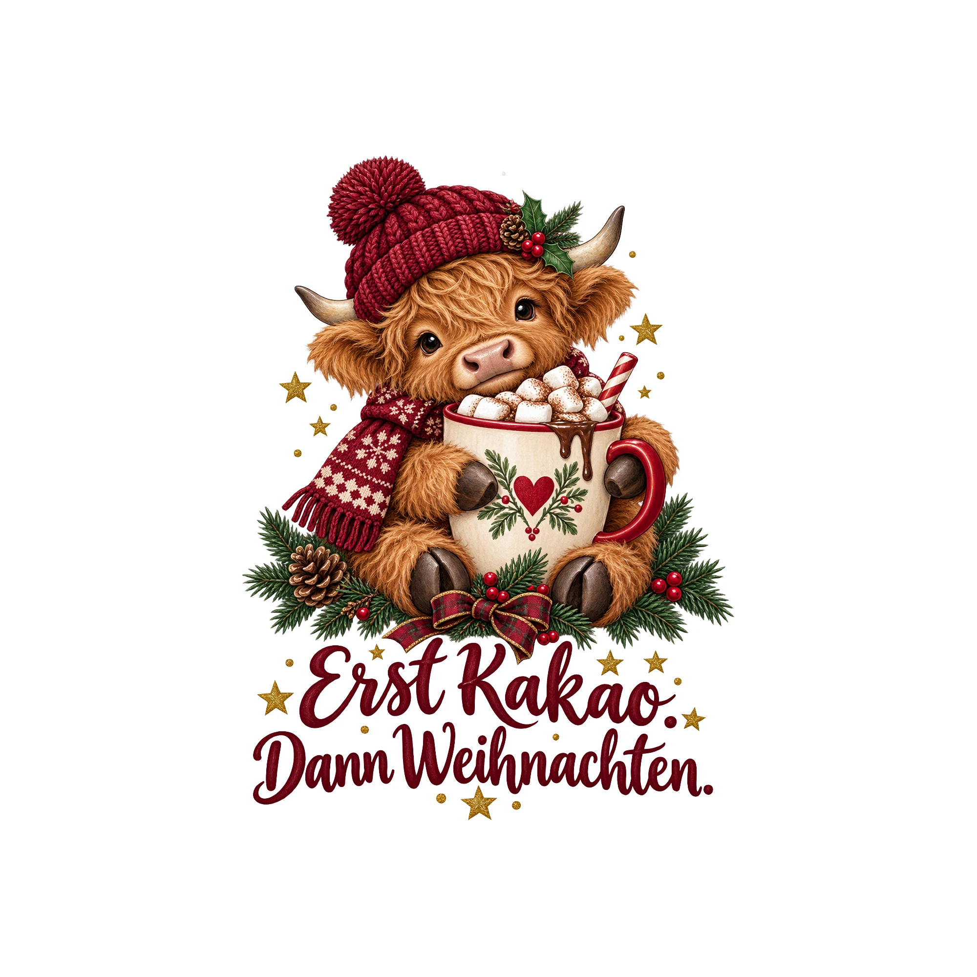 Bügelbild Erst Kakao. Dann Weihnachten. als Grafik auf weißem Hintergrund (BB011351)