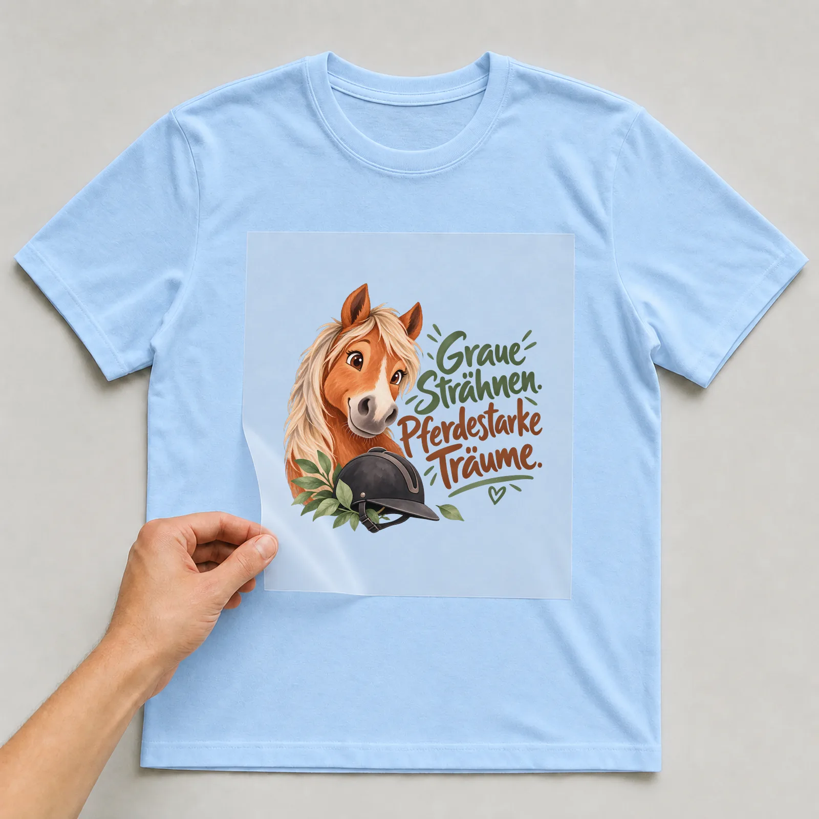 Bügelbild „Graue Strähnen. Pferdestarke Träume.“ auf hellblauem T-Shirt, Folie wird aufgelegt