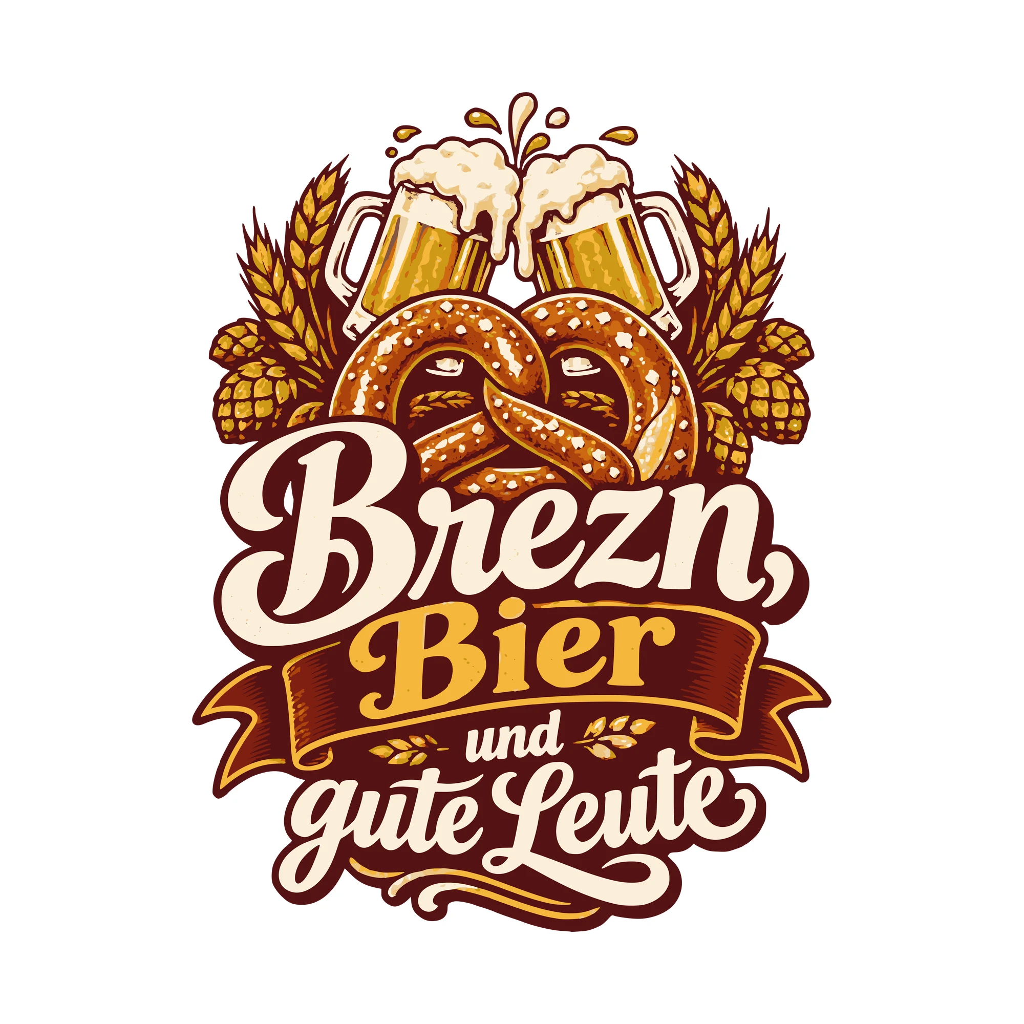 Bügelbild Brezn, Bier und gute Leute als Grafik auf weißem Hintergrund (BB011158)