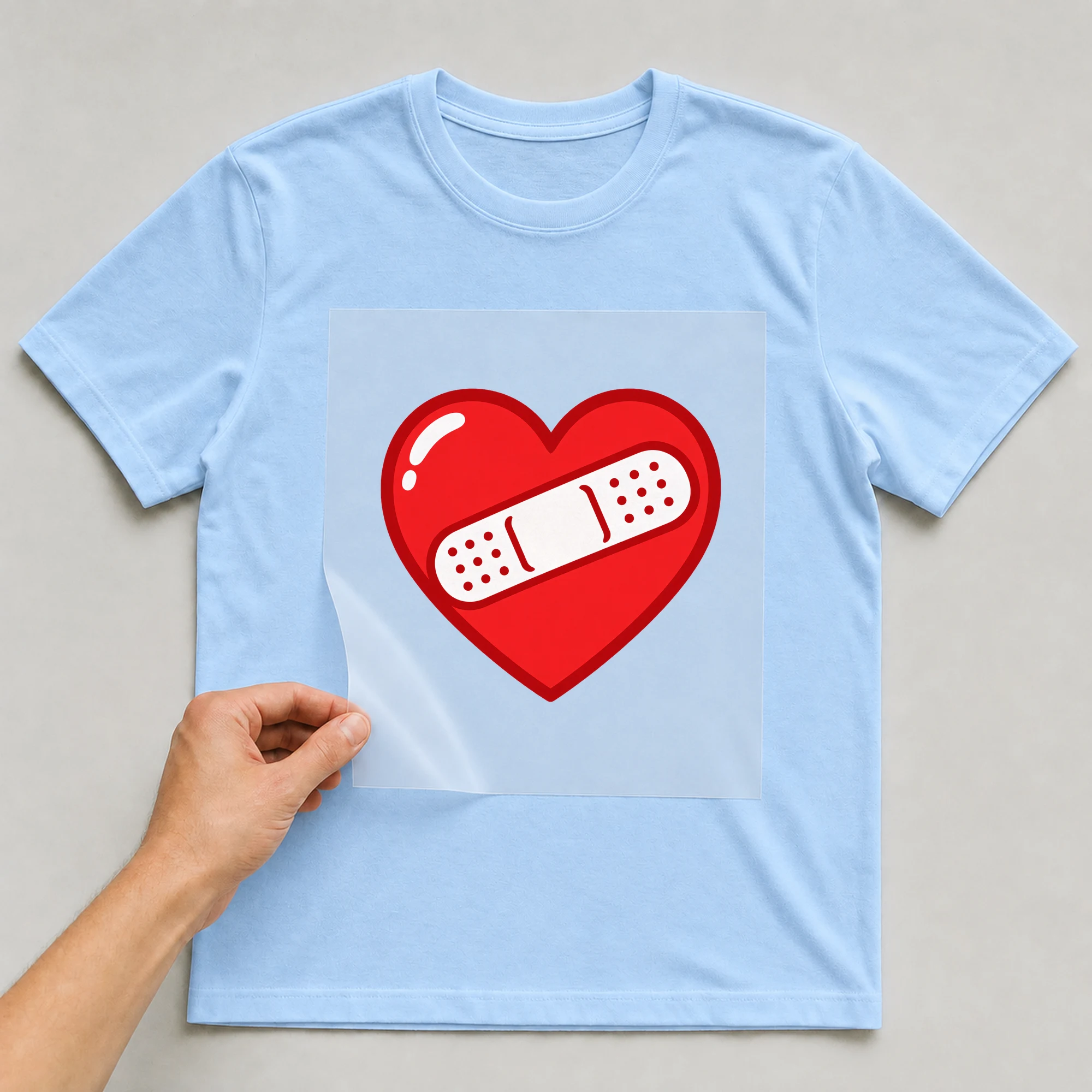 Bügelbild „Herz mit Pflaster“ auf babyblauem T-Shirt, Folie wird aufgelegt