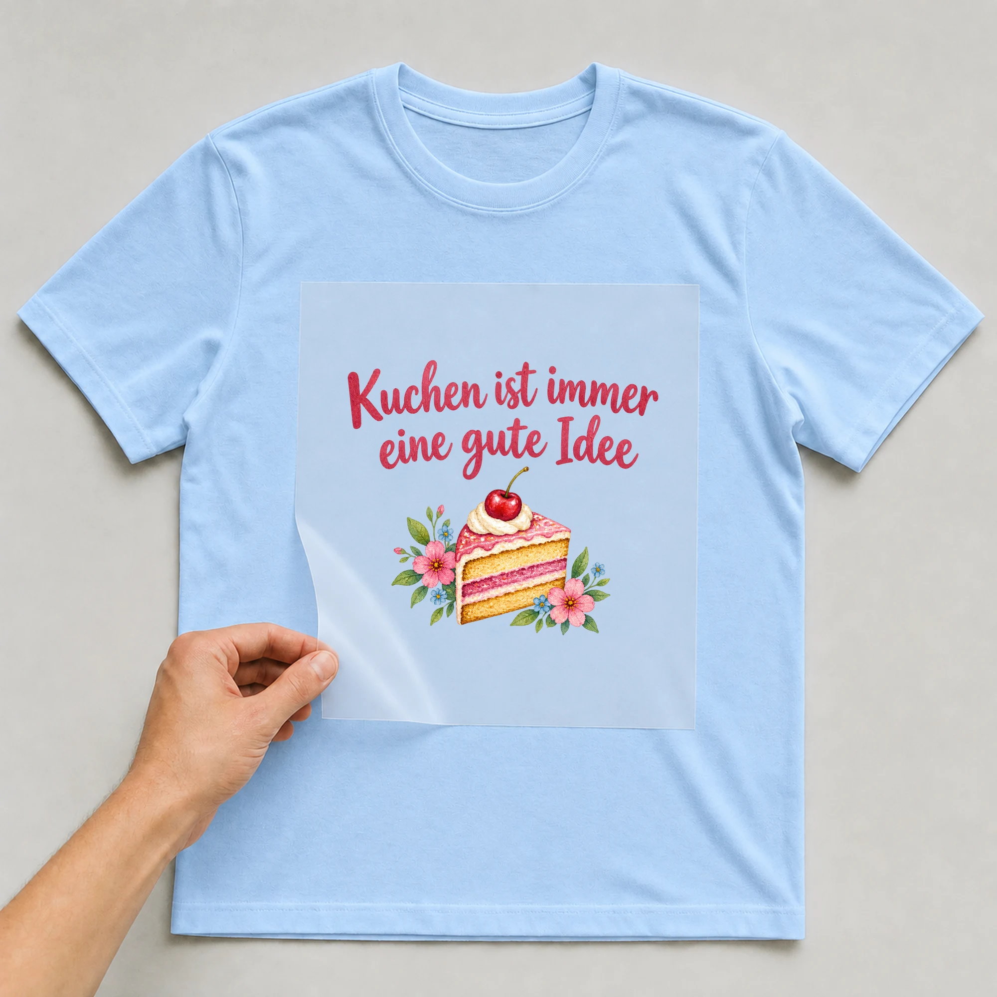 Bügelbild „Kuchen ist immer eine gute Idee“ auf babyblauem T-Shirt, Folie wird aufgelegt