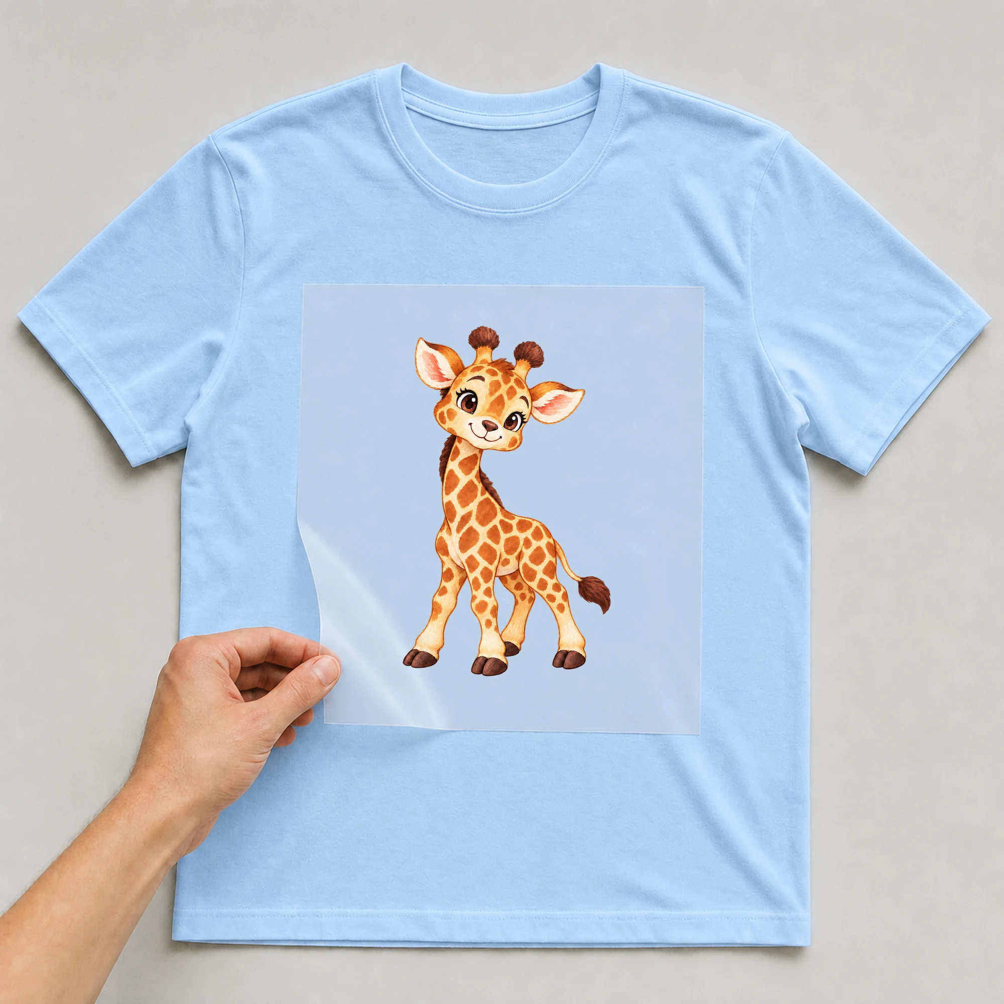Bügelbild „Giraffe“ auf babyblauem T-Shirt, Folie wird aufgelegt