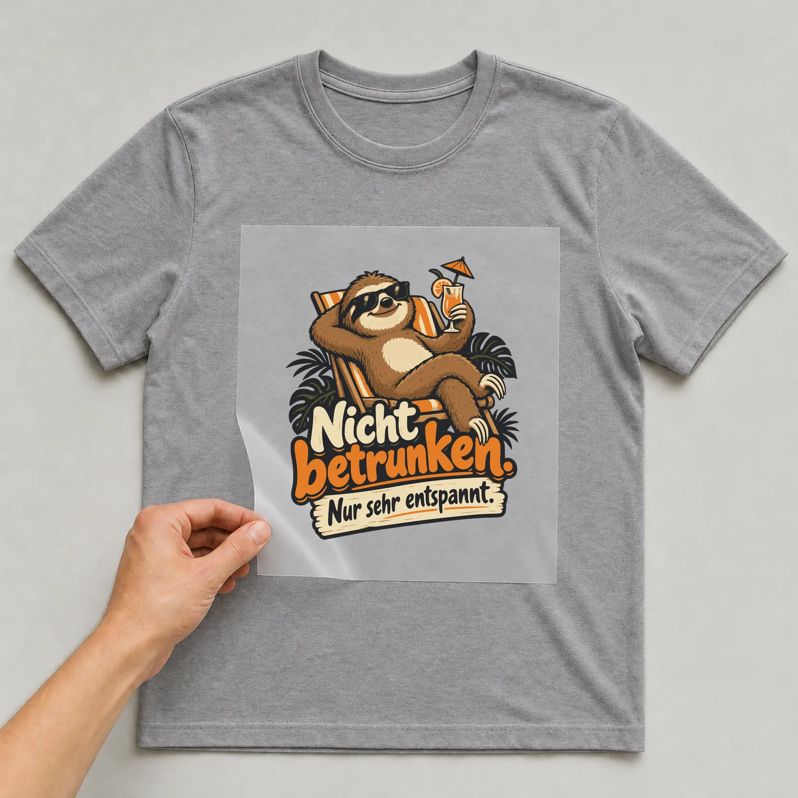 Bügelbild Nicht betrunken. Nur sehr entspannt. auf grauem T-Shirt, Folie wird aufgelegt