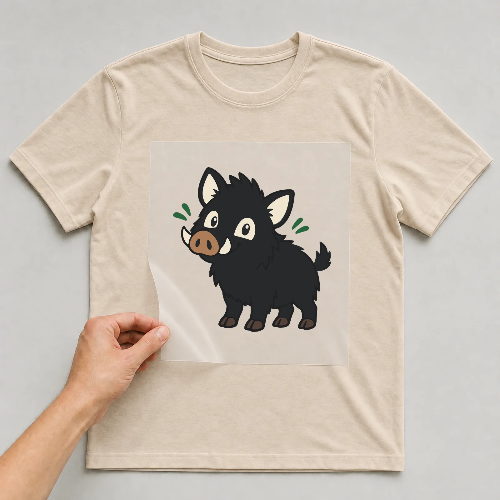 Bügelbild Wildschwein im Comic-Stil auf beigem T-Shirt, Folie wird aufgelegt