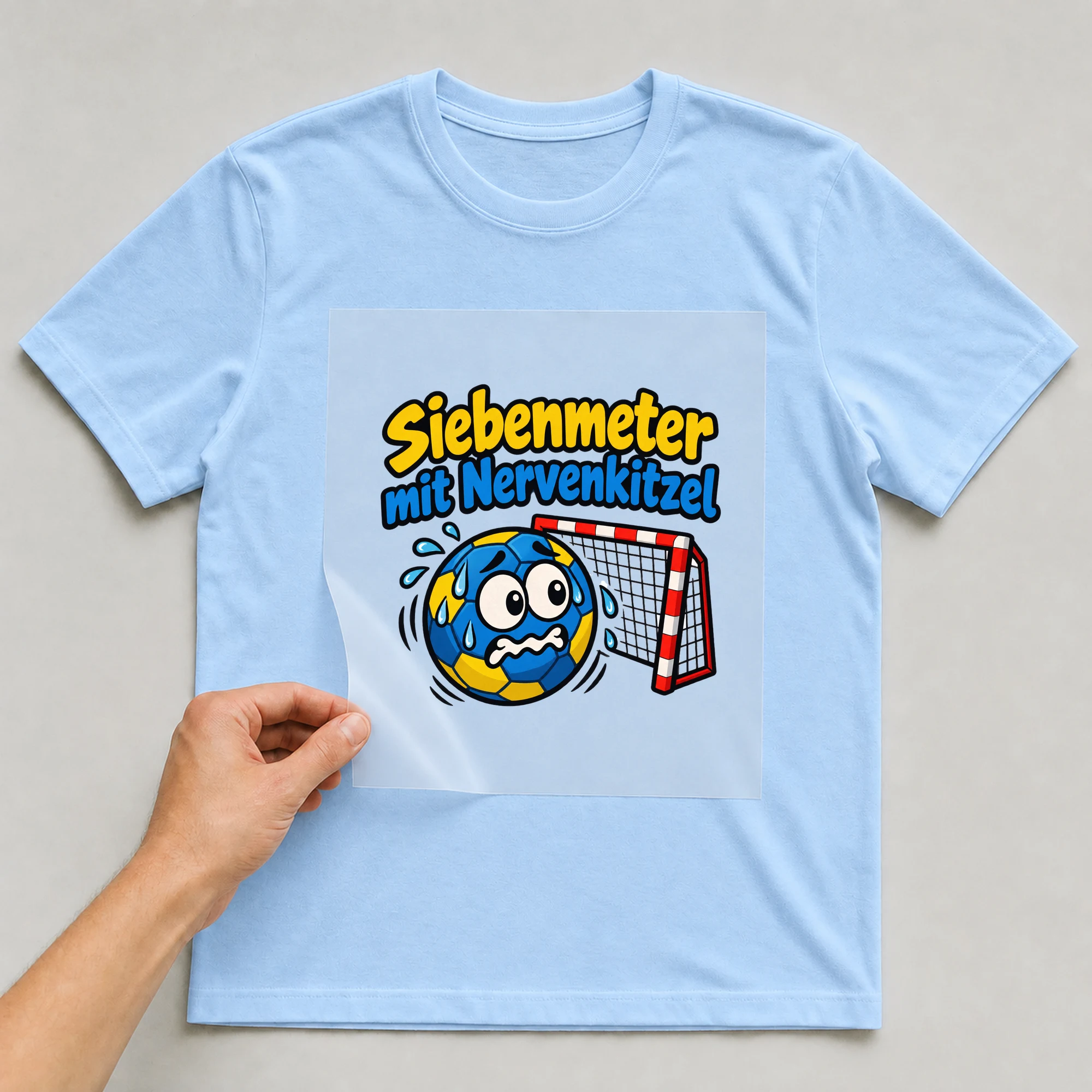 Bügelbild „Siebenmeter mit Nervenkitzel“ auf babyblauem T-Shirt, Folie wird aufgelegt