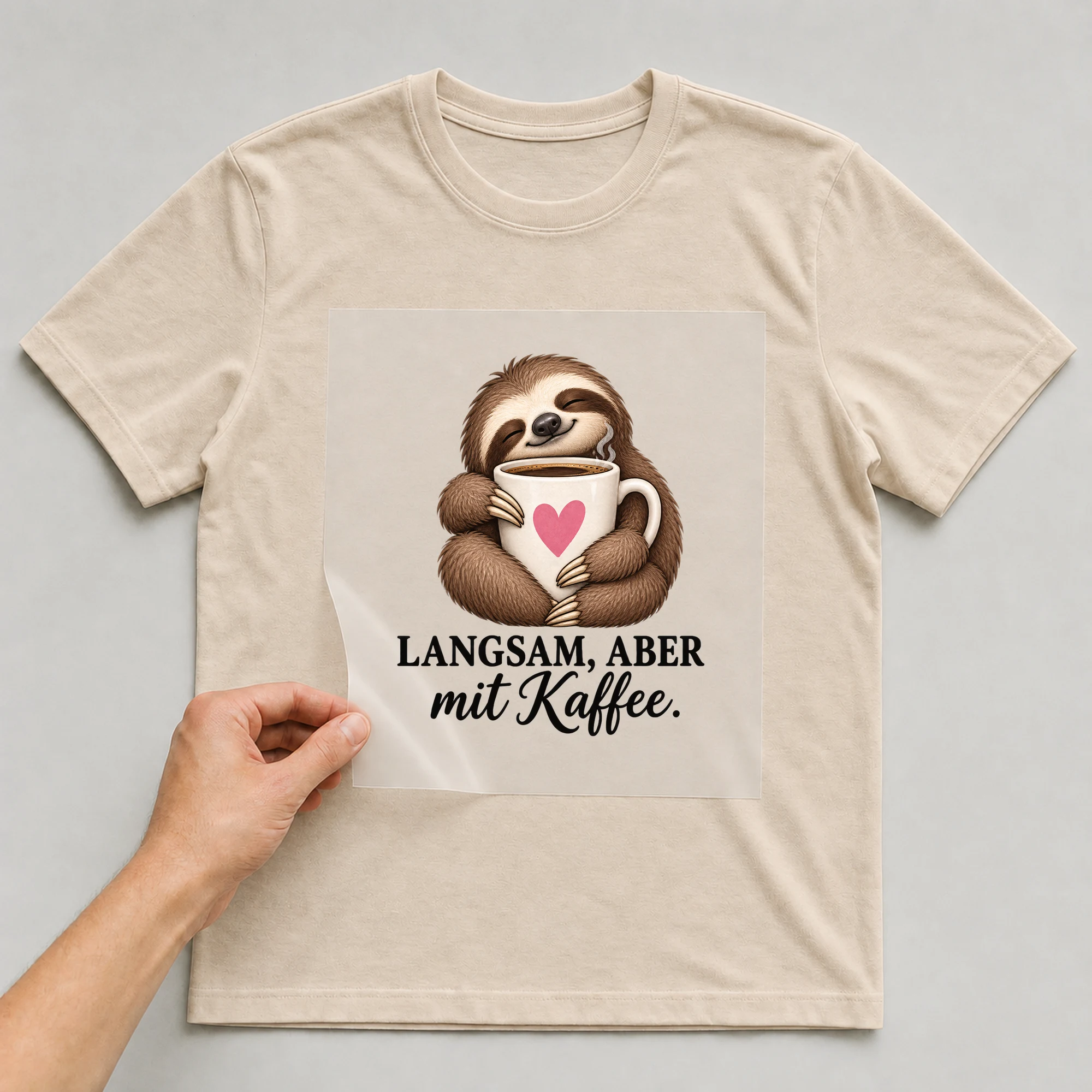 Bügelbild mit dem Spruch „Langsam, aber mit Kaffee.“, im knallbunten Comic-Stil, zum Aufbügeln