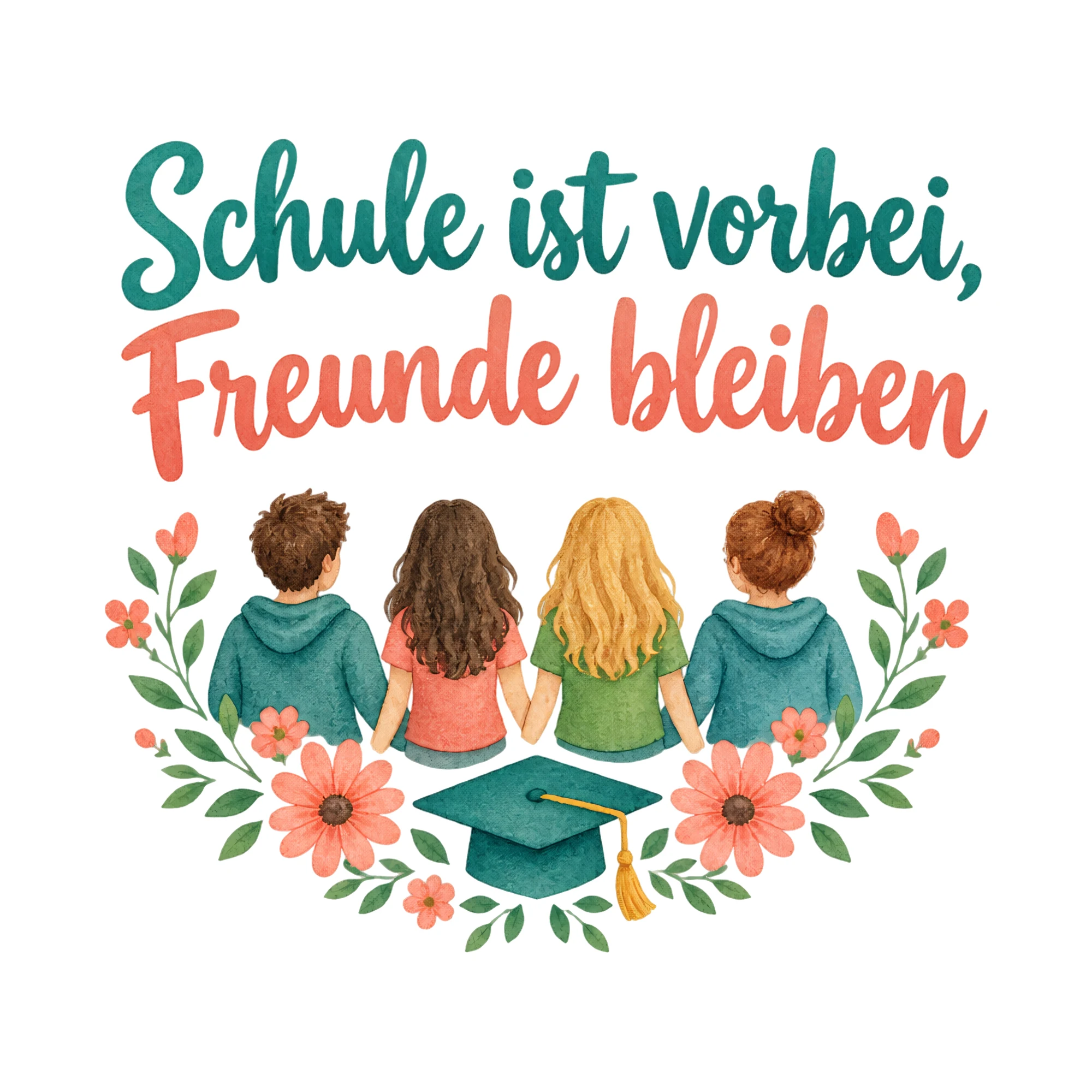 Bügelbild Schule ist vorbei, Freunde bleiben, Freundschaft Shirt Spruch als Grafik auf weißem Hintergrund (BB020151)
