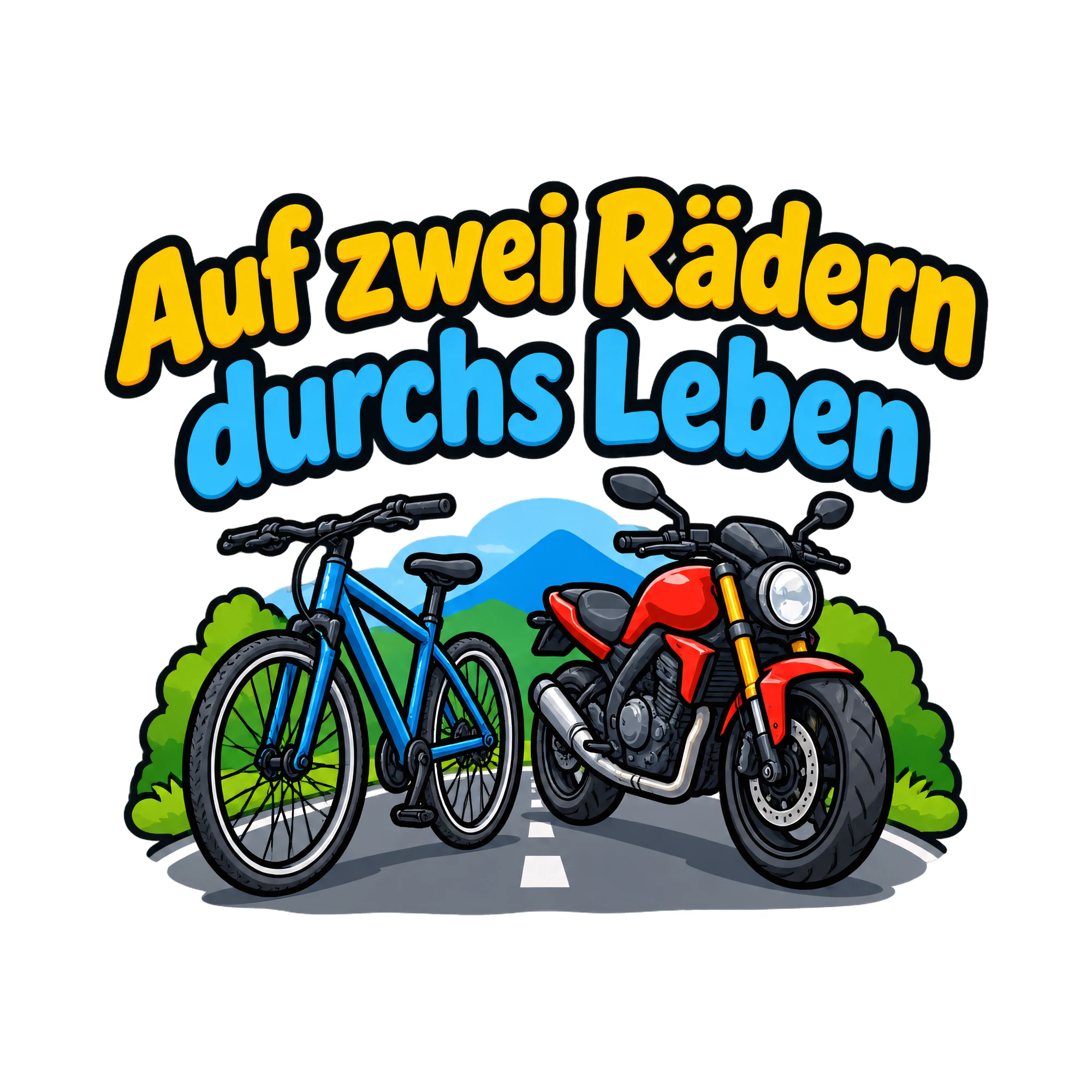 Bügelbild Auf zwei Rädern durchs Leben als Grafik auf weißem Hintergrund (BB018510)