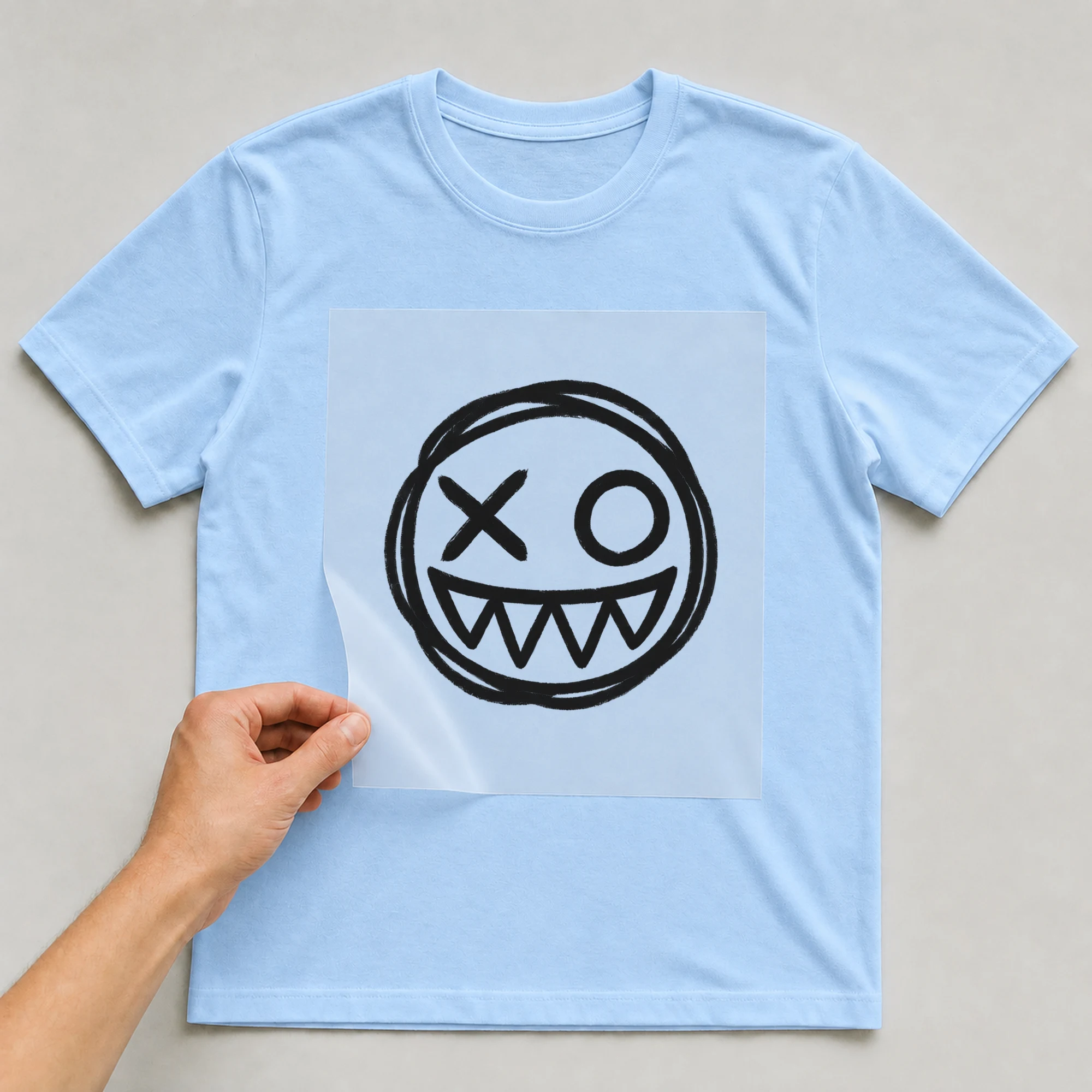 Bügelbild „Gekritzeltes Gesicht mit X-Augen“ auf babyblauem T-Shirt, Folie wird aufgelegt