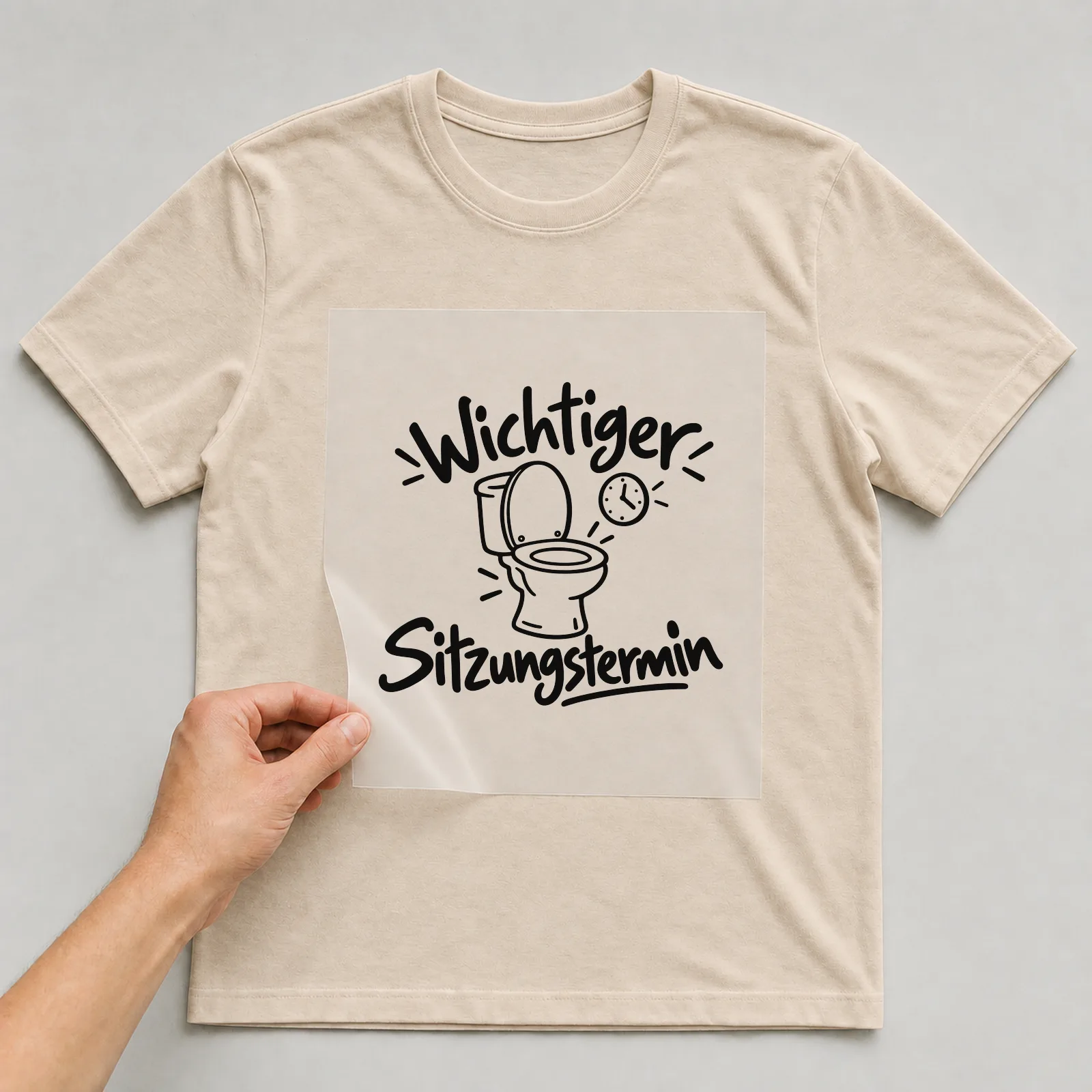 Bügelbild „Wichtiger Sitzungstermin“ auf beigem T-Shirt, Folie wird aufgelegt