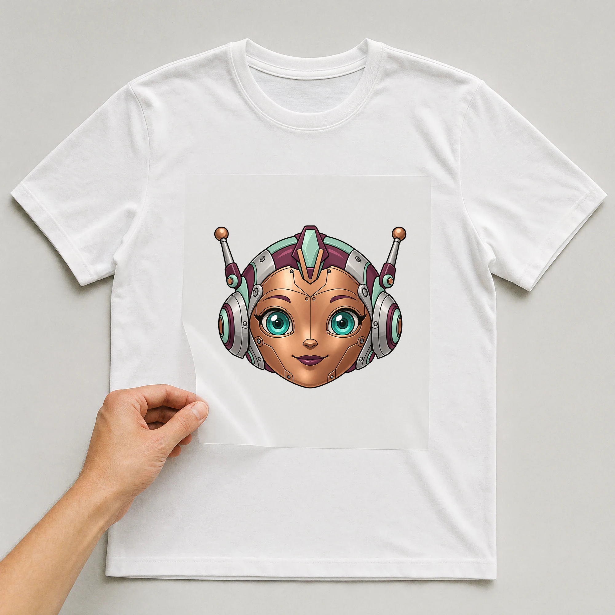 Bügelbild „Mecha Girl“ auf weißem T-Shirt, Folie wird aufgelegt