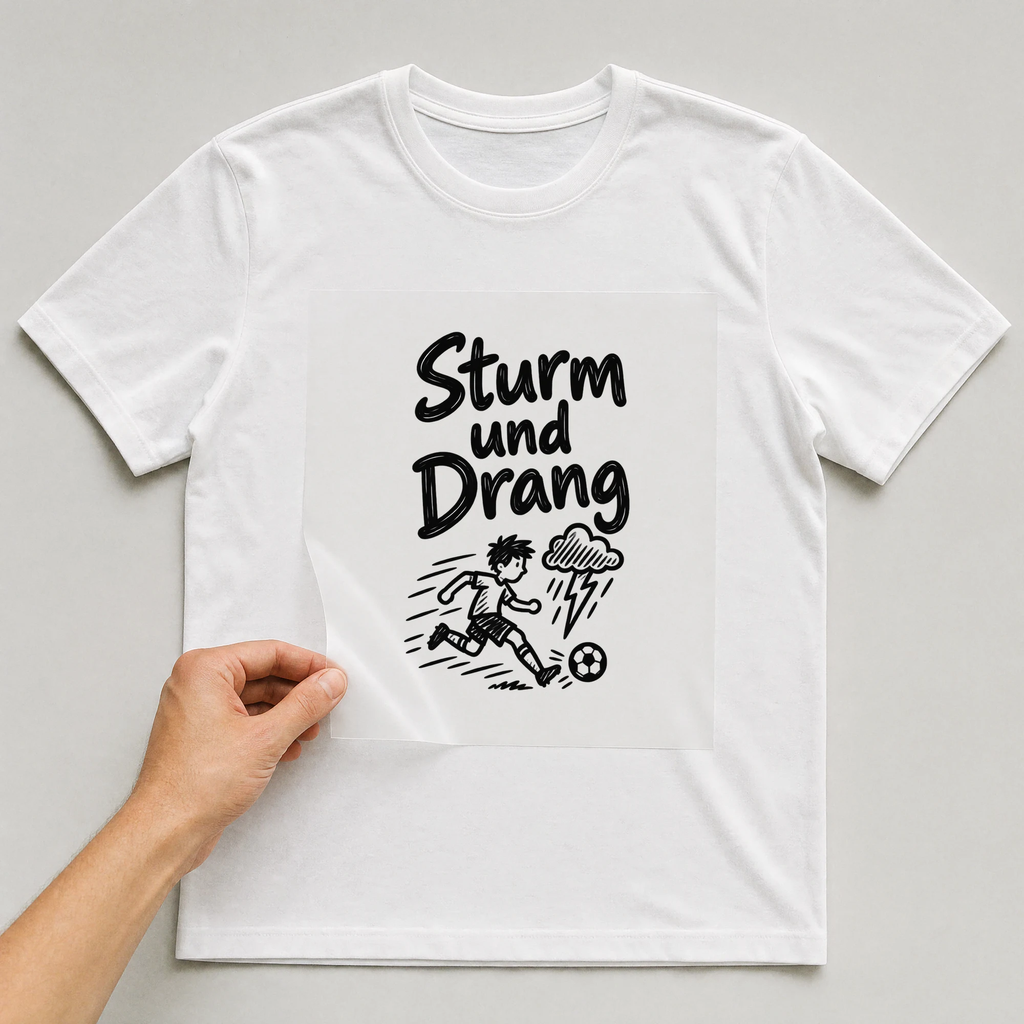 Bügelbild „Sturm und Drang“ auf weißem T-Shirt, Folie wird aufgelegt