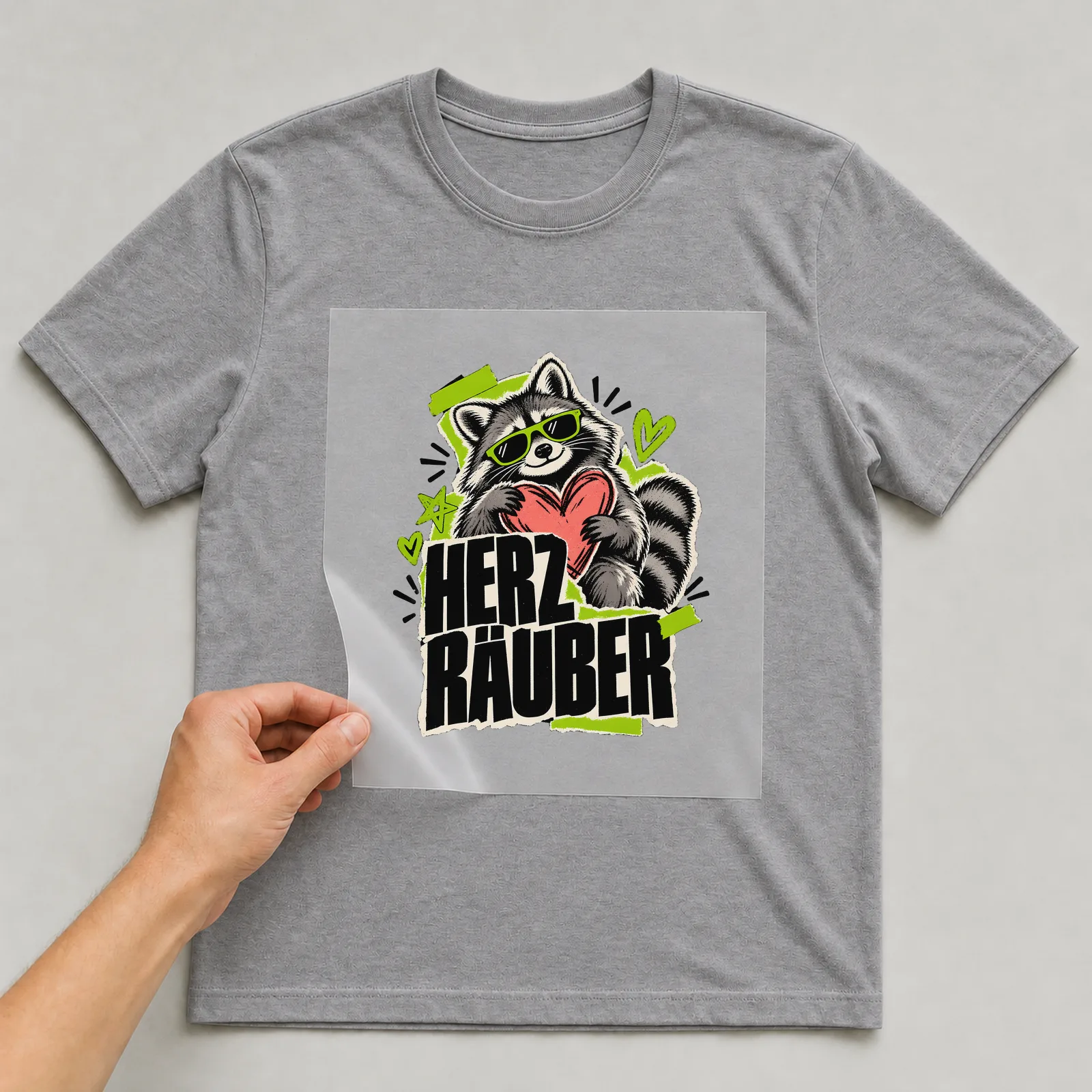 Bügelbild „Herzräuber“ auf grauem T-Shirt, Folie wird aufgelegt