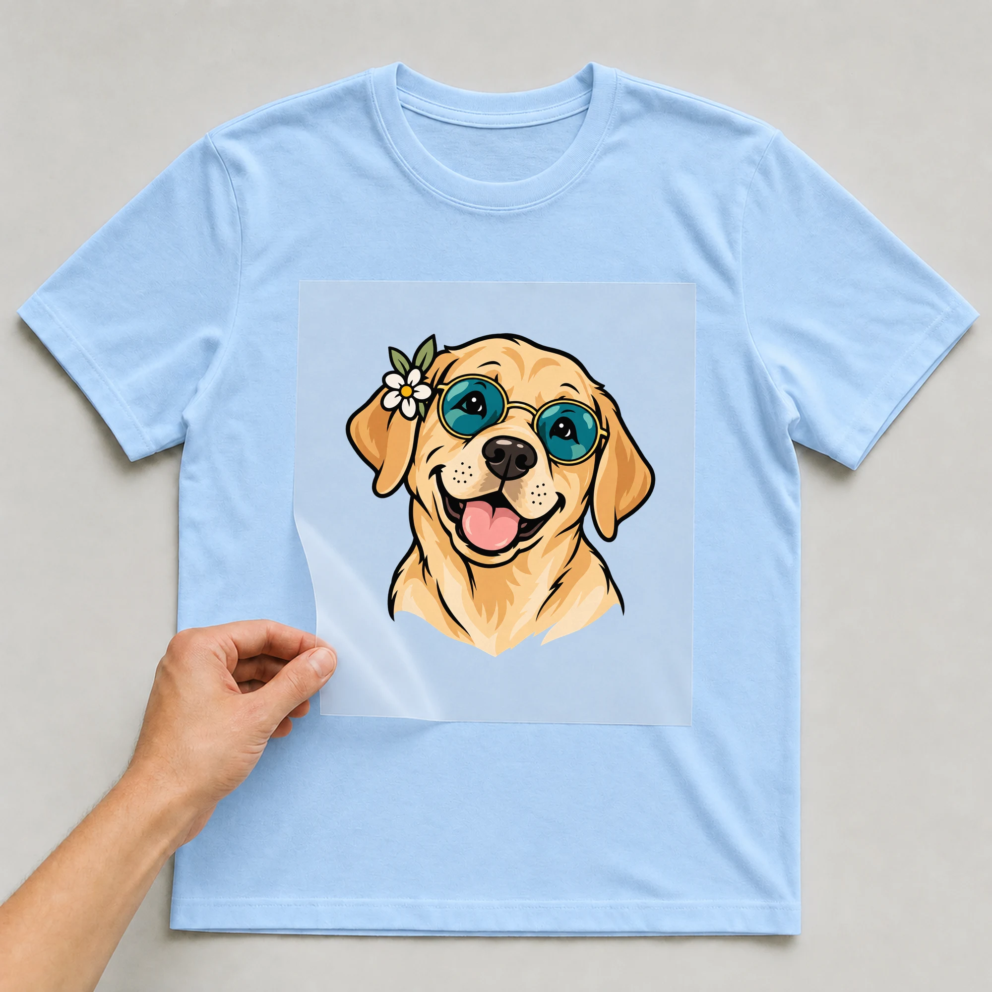 Bügelbild „Labrador Hippie Look“ auf babyblauem T-Shirt, Folie wird aufgelegt