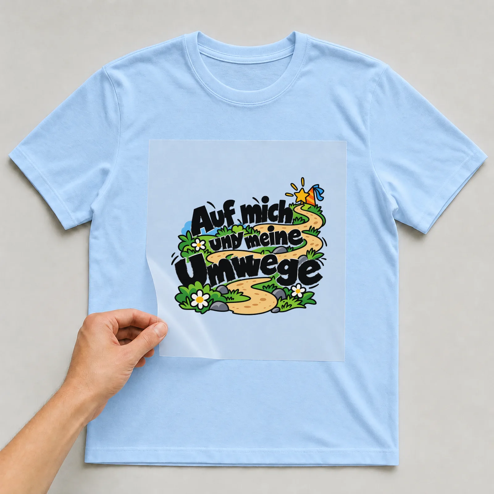 Bügelbild „Auf mich und meine Umwege“ auf hellblauem T-Shirt, Folie wird aufgelegt