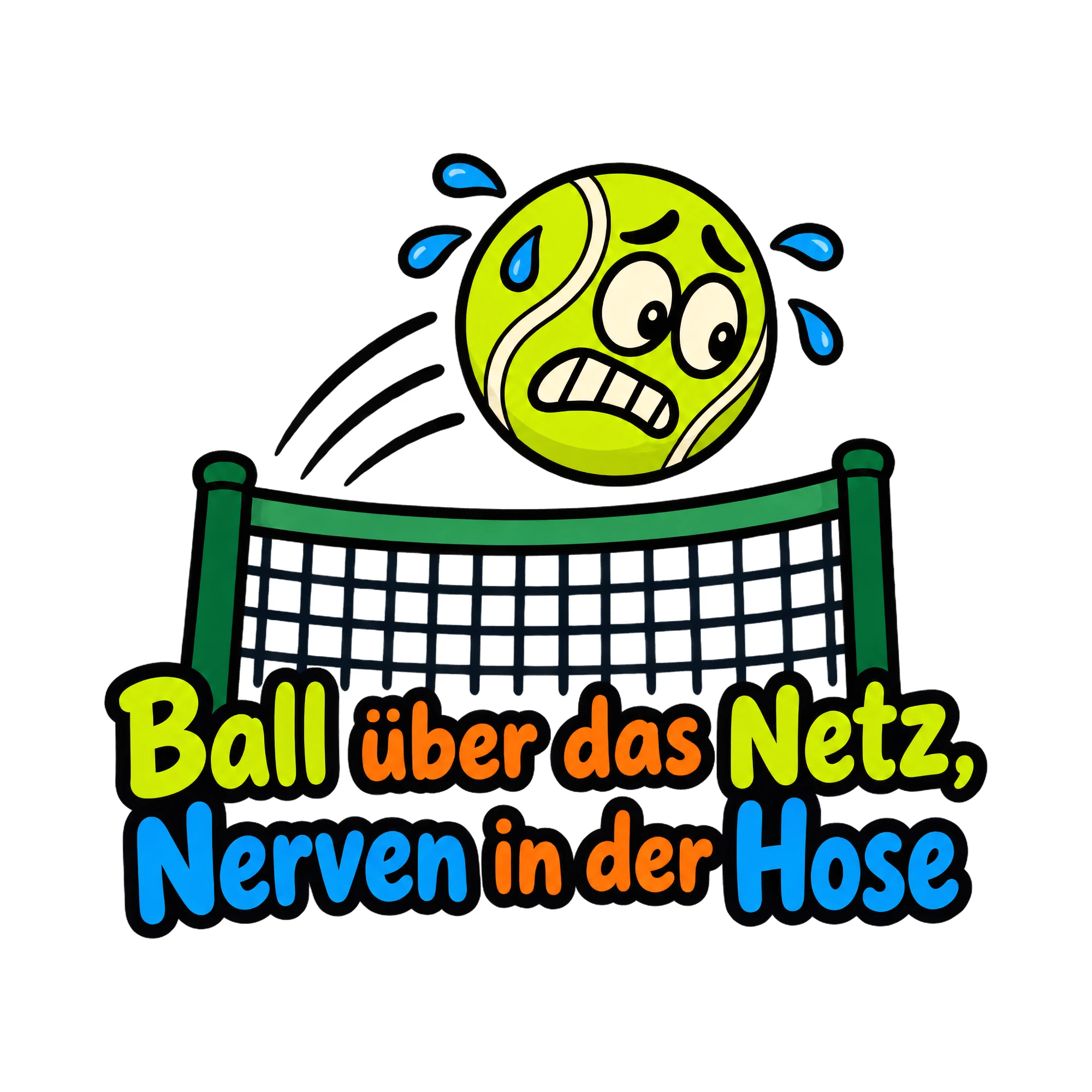 Bügelbild Ball über das Netz, Nerven in der Hose als Grafik auf weißem Hintergrund (BB019436)