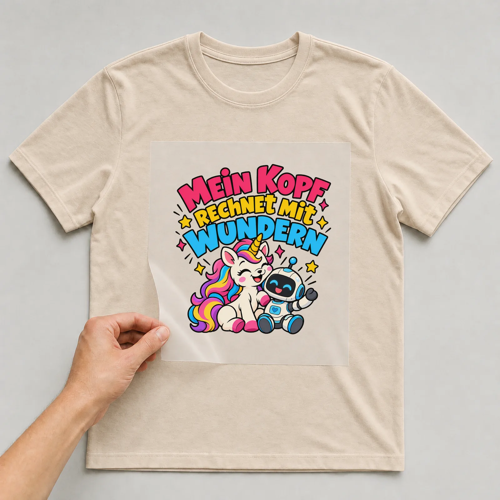 Bügelbild „Mein Kopf rechnet mit Wundern“ auf beigem T-Shirt, Folie wird aufgelegt