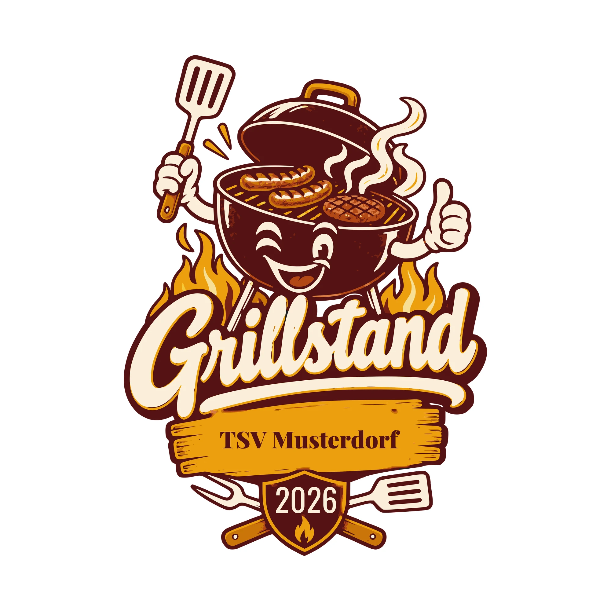 Bügelbild Grillstand mit Verein und Jahr als Grafik auf weißem Hintergrund (BB011283)