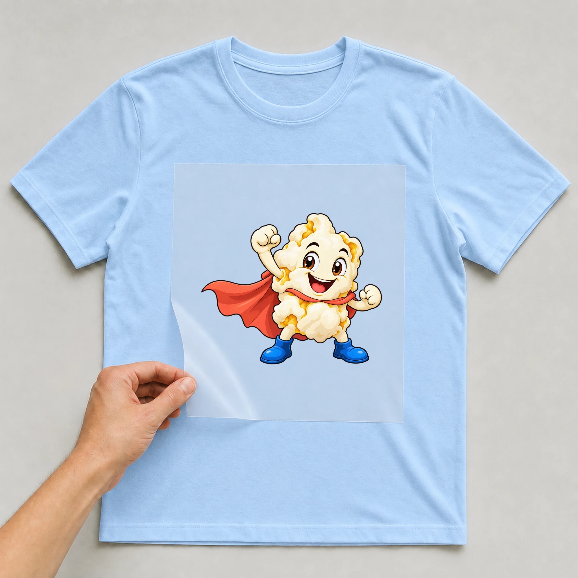 Bügelbild „Super Popcorn“ auf babyblauem T-Shirt, Folie wird aufgelegt