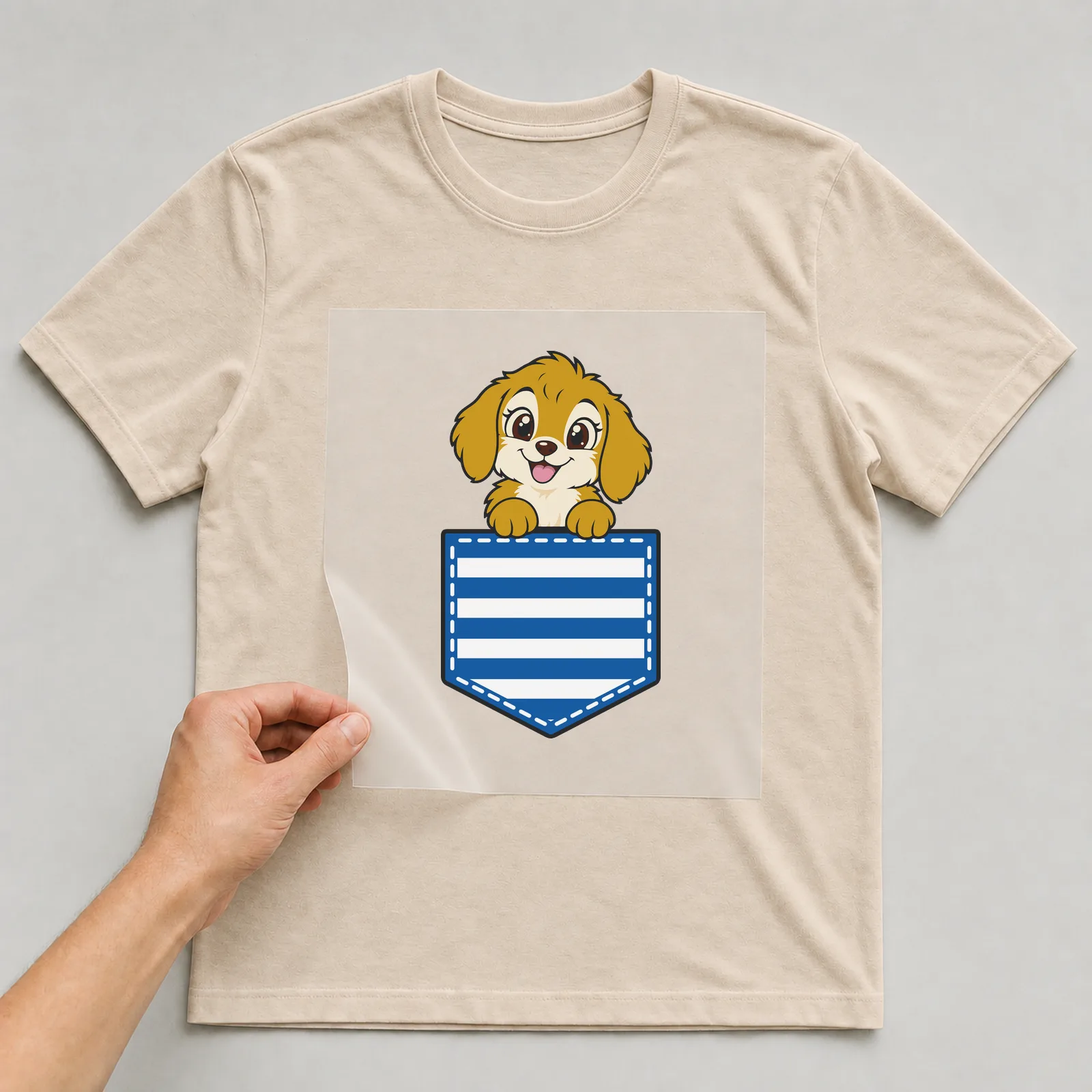 Bügelbild Brusttasche Babyhund auf beigem T-Shirt, Folie wird aufgelegt